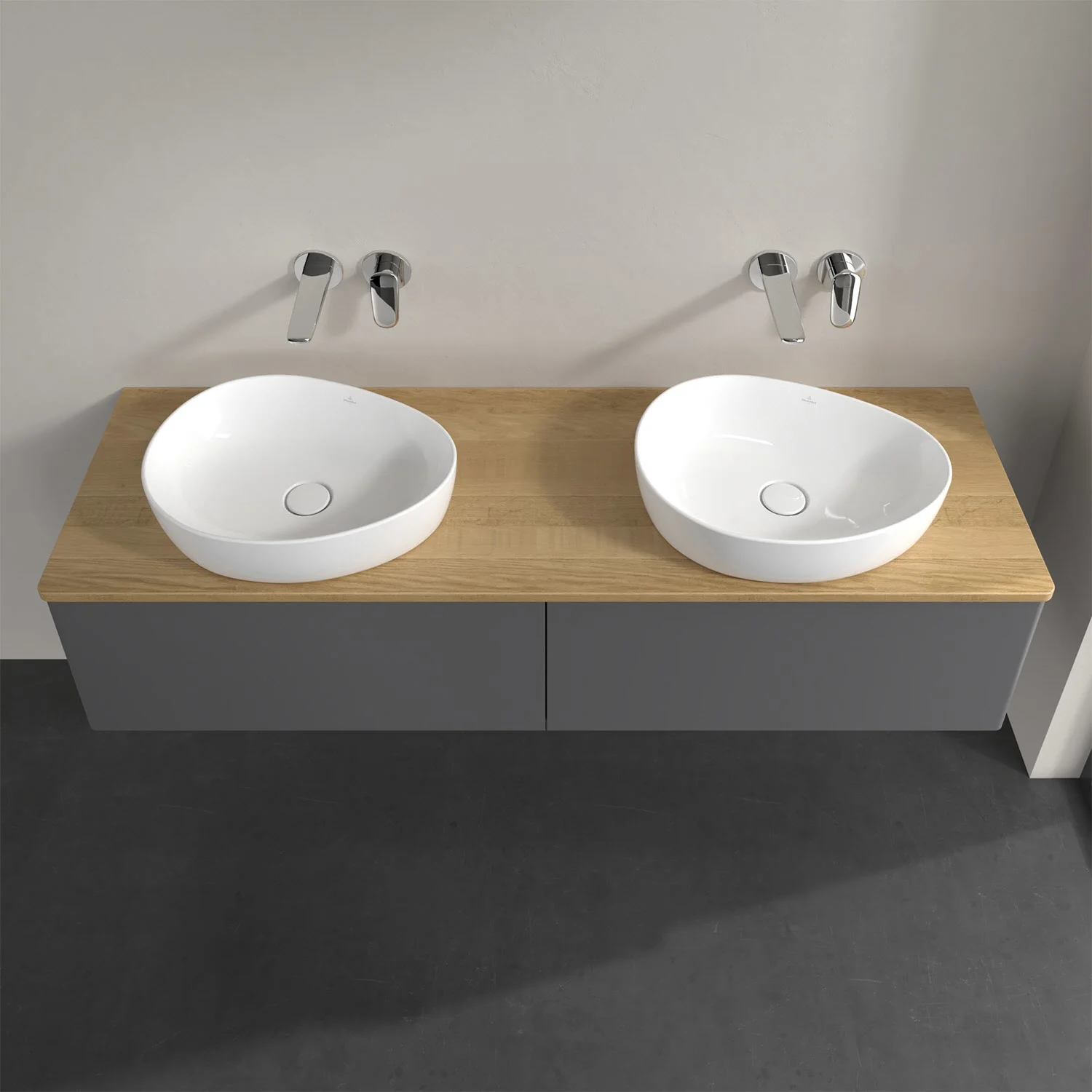 Podwójna umywalka na drewnianym blacie w łazience, Villeroy & Boch