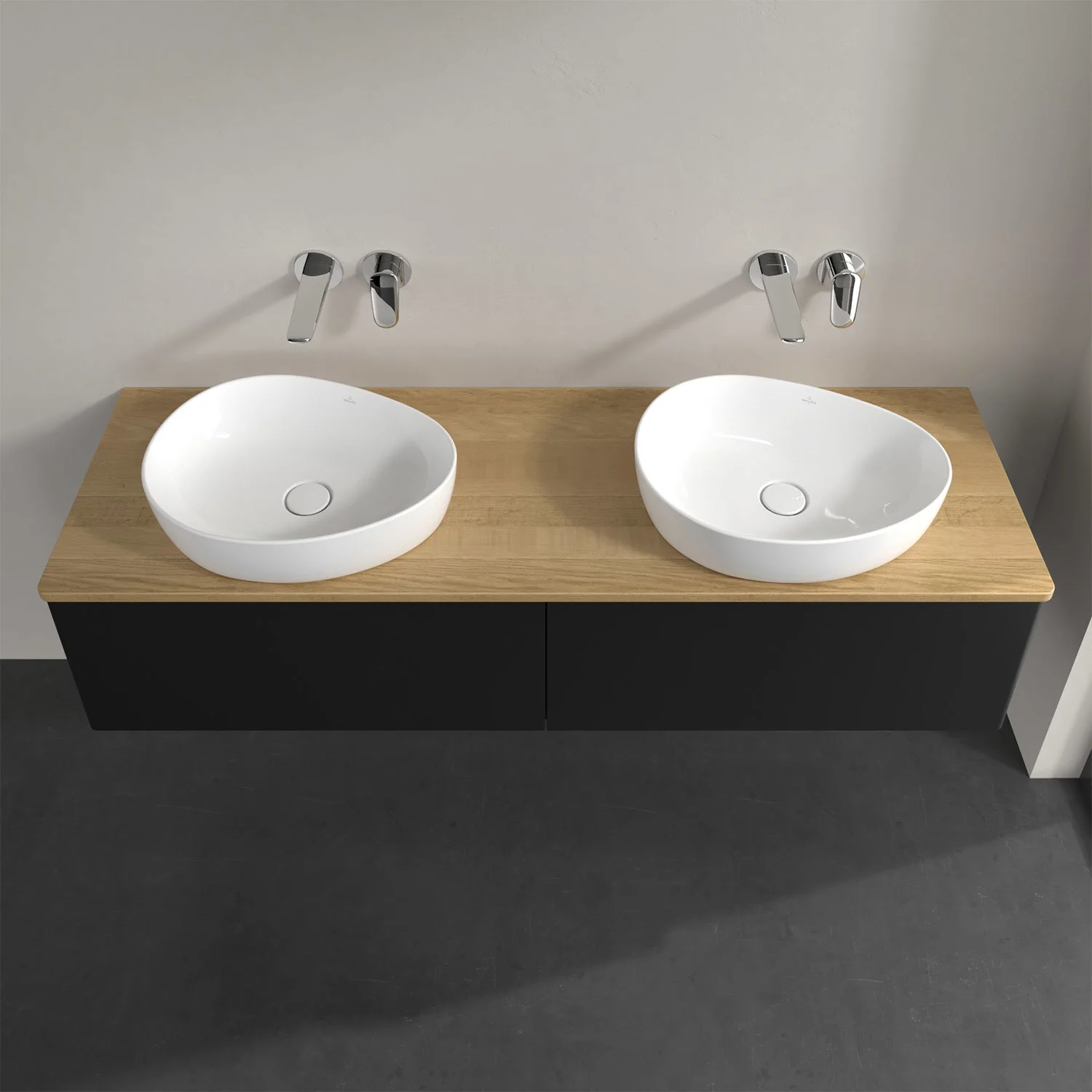 Podwójna umywalka na drewnianym blacie z czarną szufladą, Villeroy & Boch