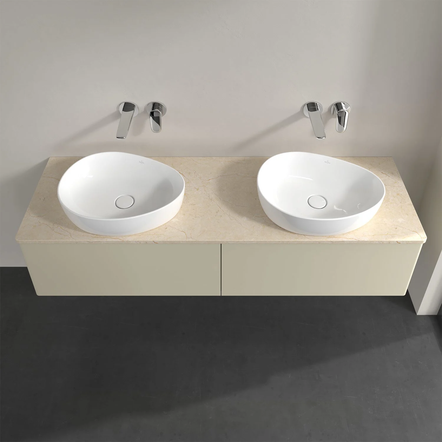 Podwójna umywalka z bateriami ściennymi w łazience, Villeroy & Boch