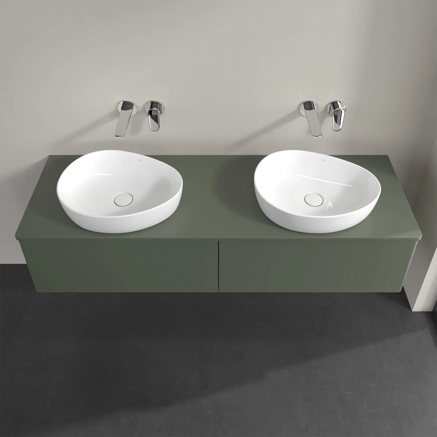 Podwójna umywalka na zielonym blacie w łazience, Villeroy & Boch