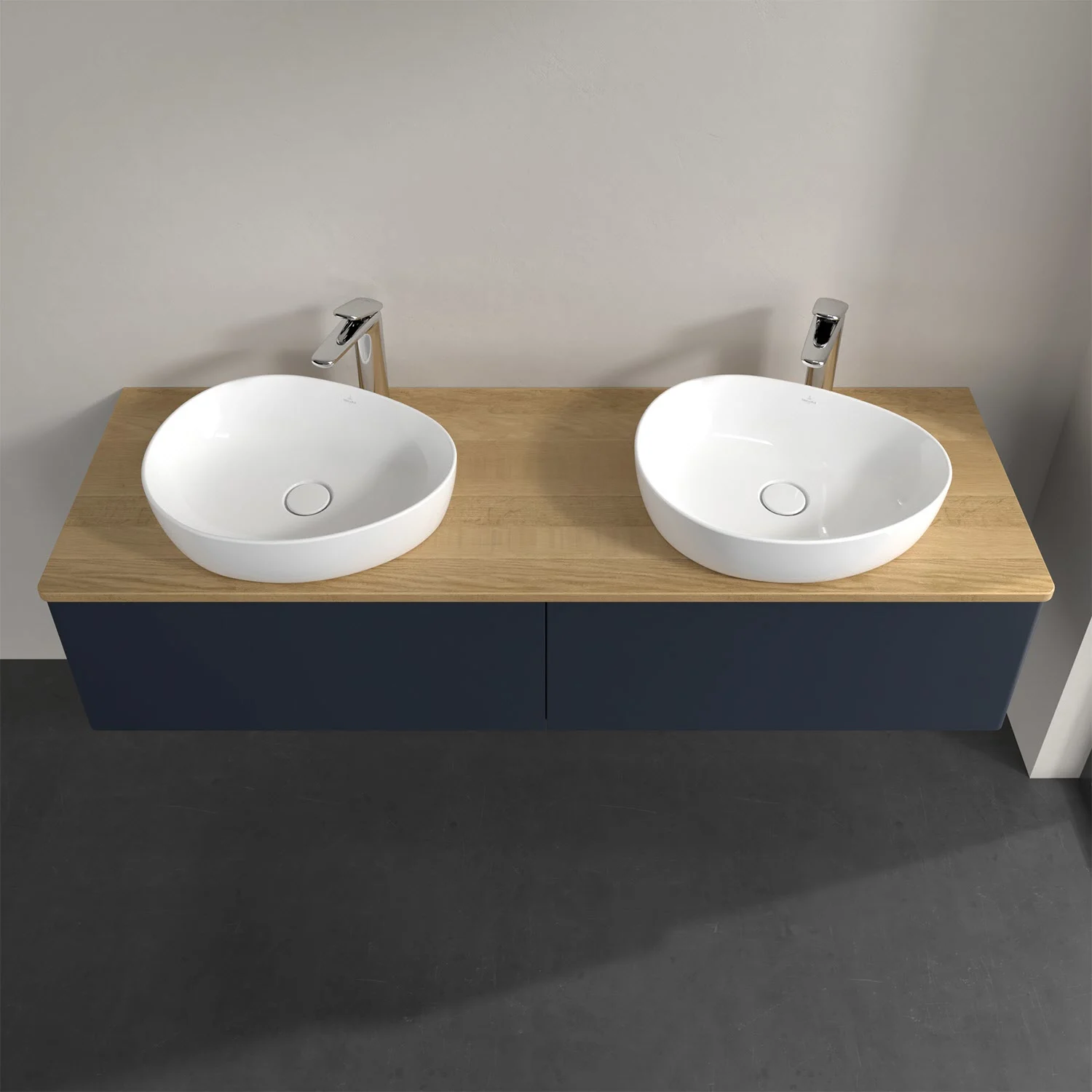 Podwójna umywalka na drewnianym blacie w łazience, Villeroy & Boch