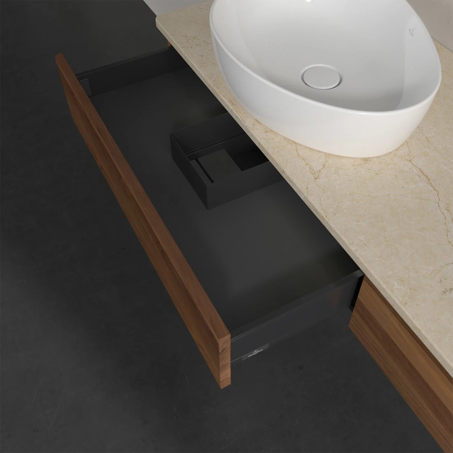 Otwarta szuflada pod umywalką z góry, Villeroy & Boch