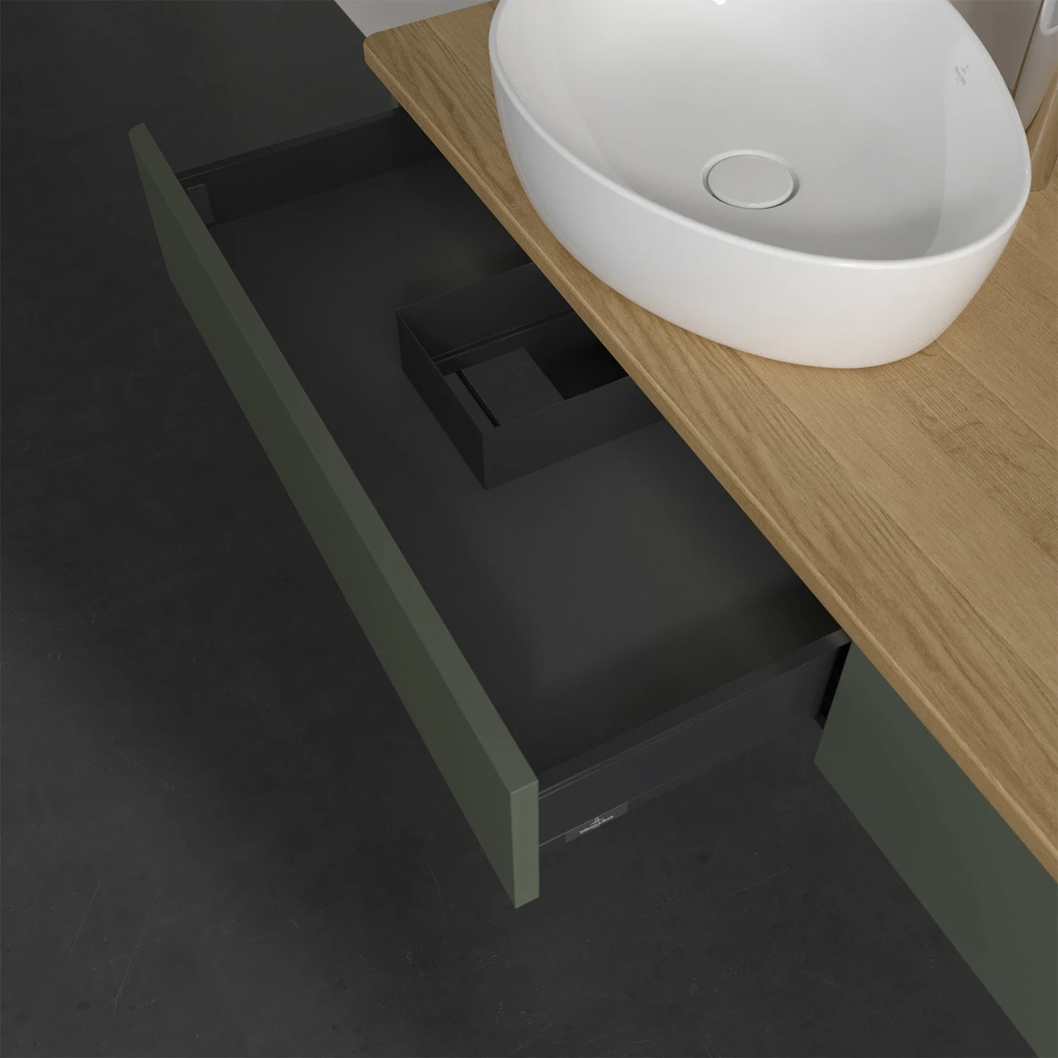 Zielona szuflada z białą umywalką, Villeroy & Boch