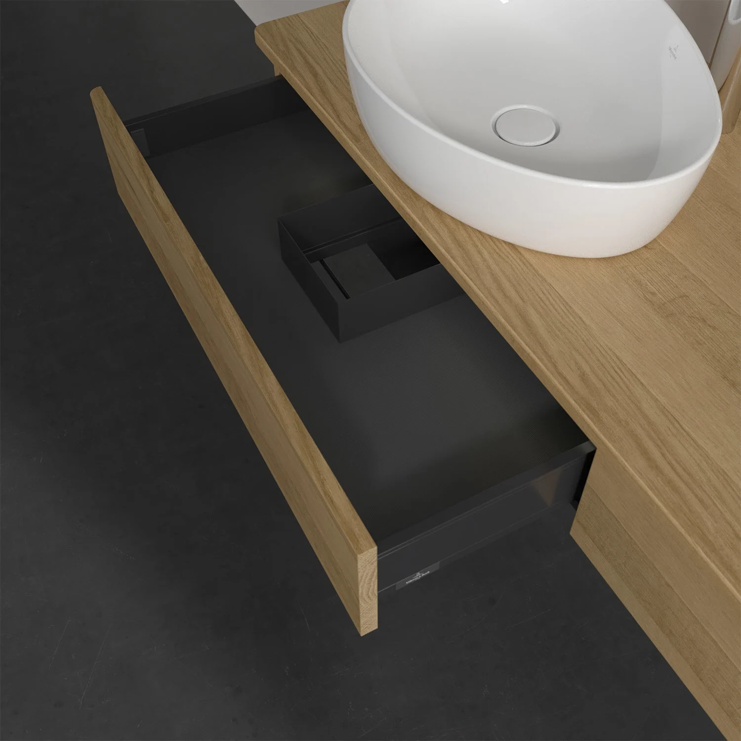 Umywalka z drewnianą powierzchnią i otwartą szufladą, Villeroy & Boch