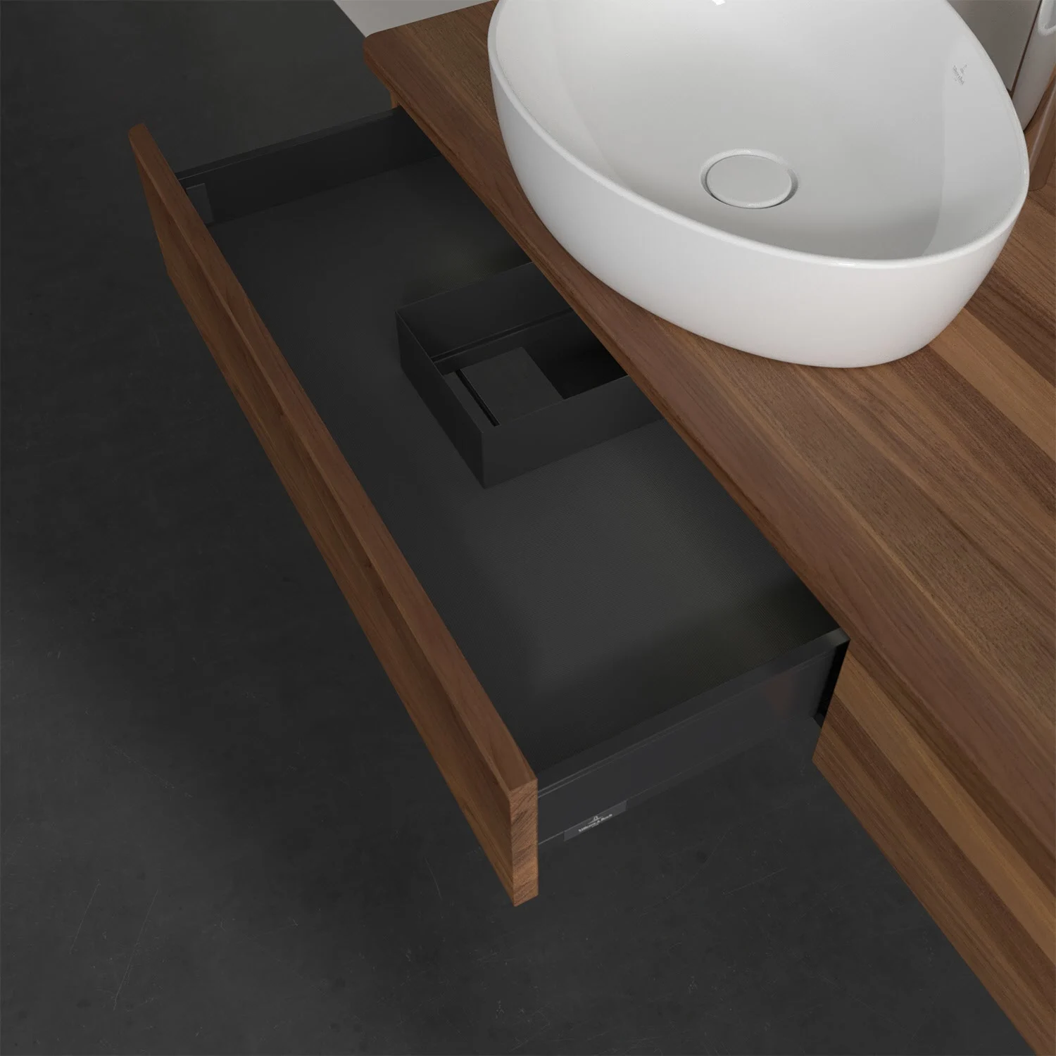 Umywalka z ciemną drewnianą szufladą i zlewem, Villeroy & Boch