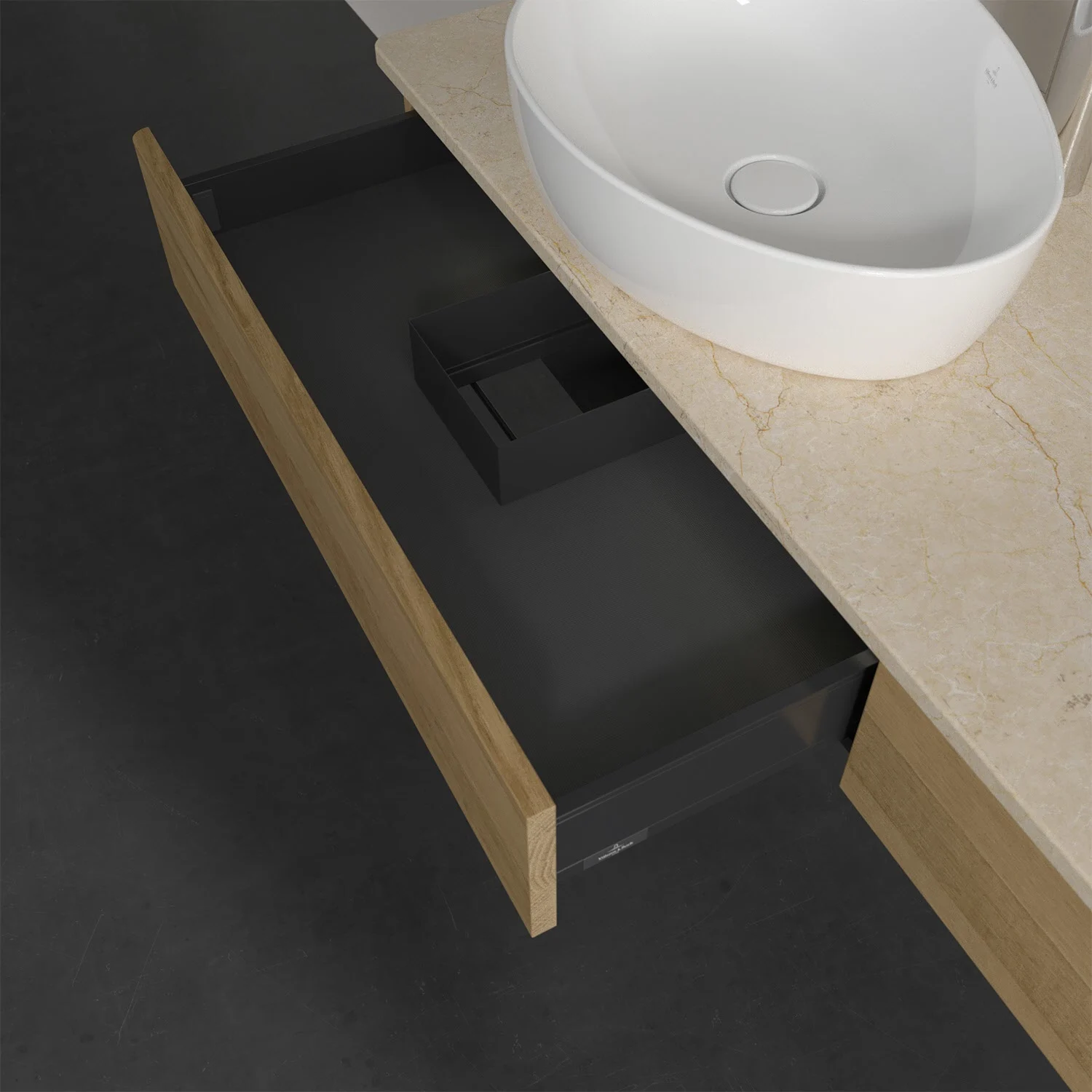 Otwarta drewniana szuflada pod umywalką z góry, Villeroy & Boch