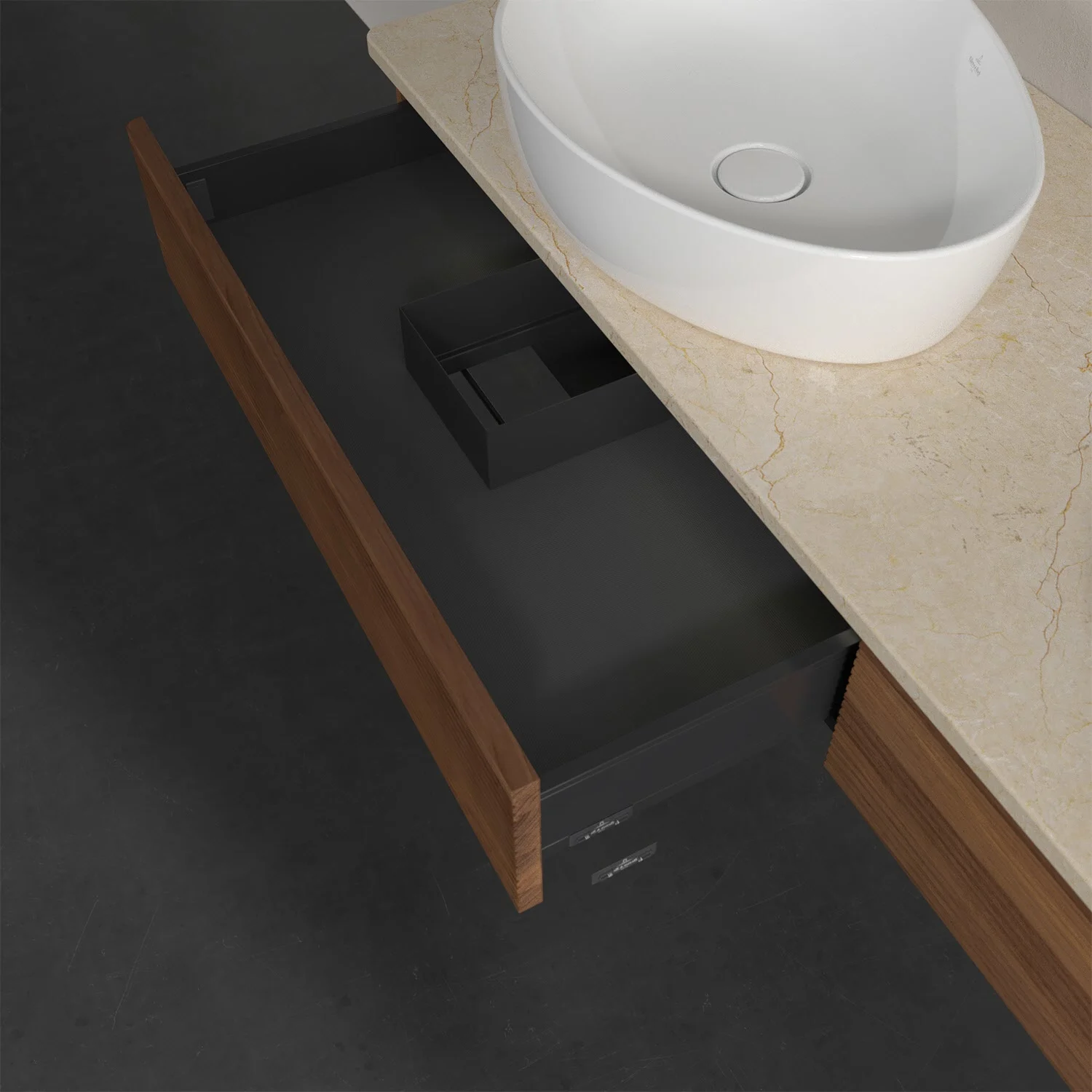 Umywalka z otwartą drewnianą szufladą z bliska, Villeroy & Boch