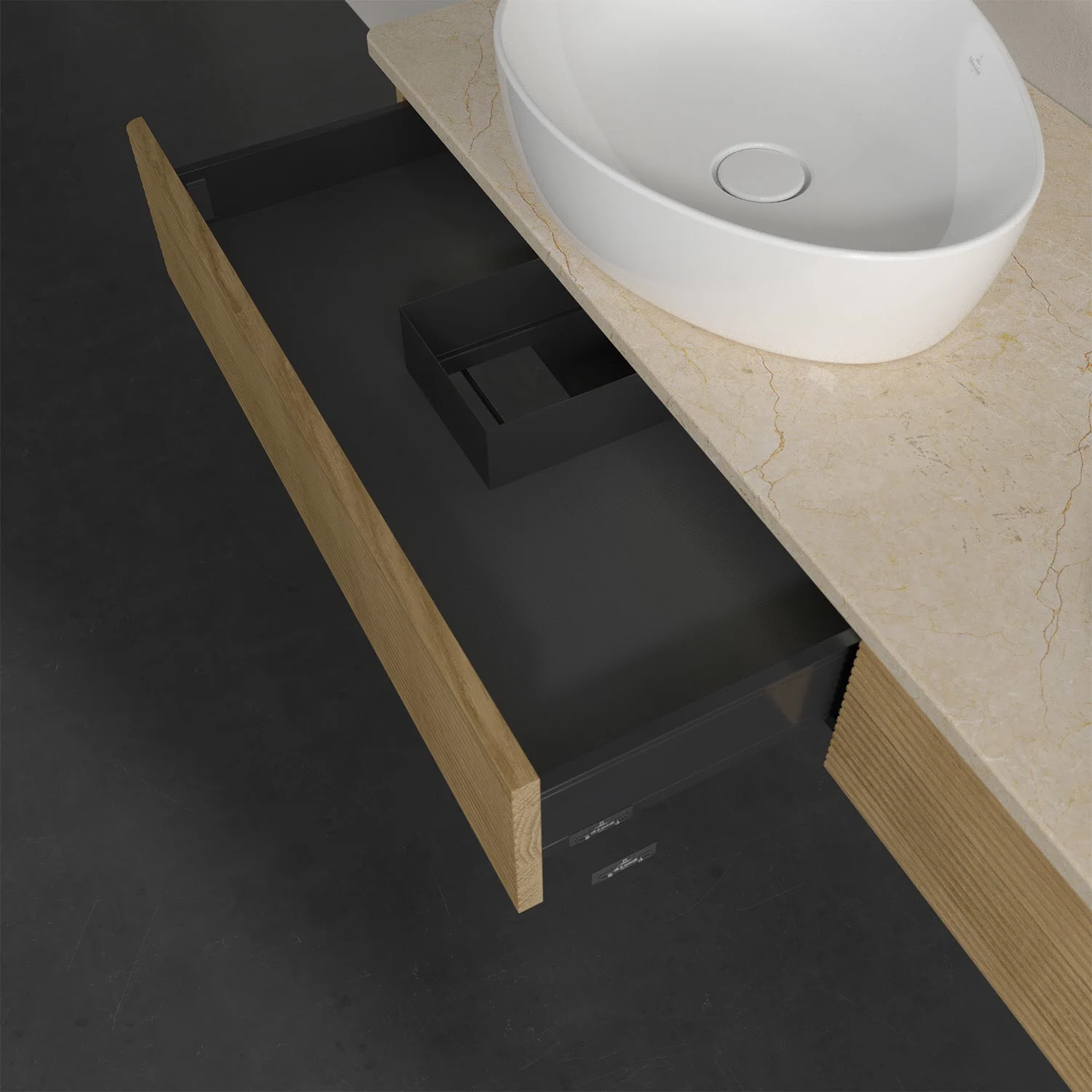 Umywalka z otwartą drewnianą szufladą z bliska, Villeroy & Boch
