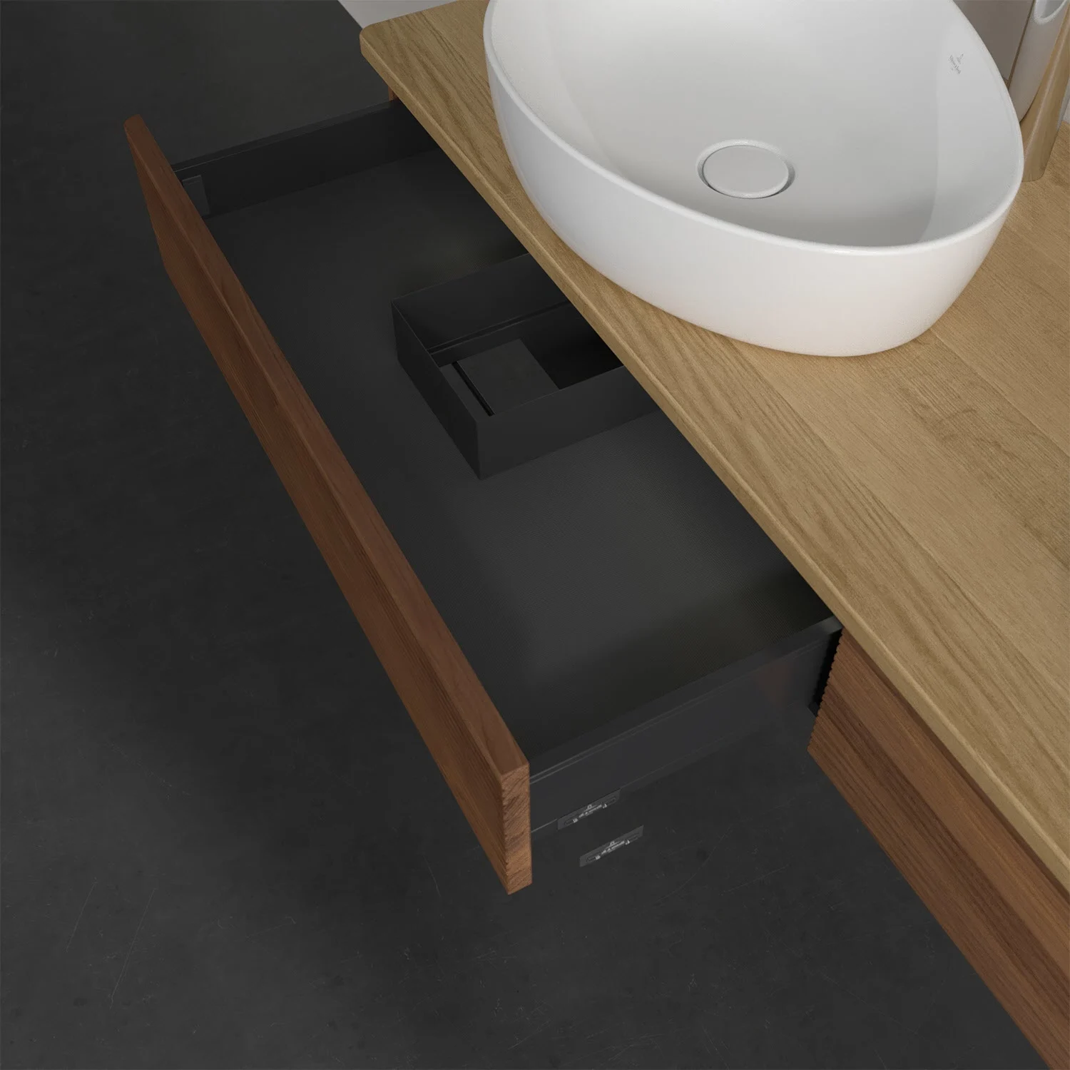 Otwarta szuflada pod umywalką w zbliżeniu, Villeroy & Boch