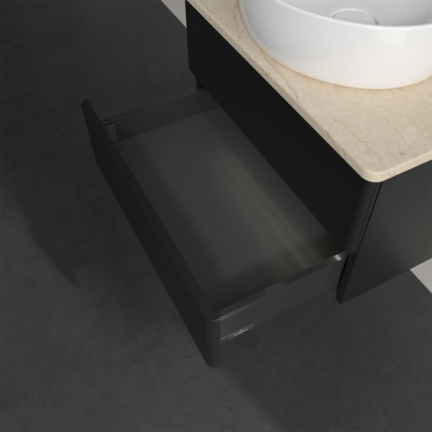 Otwarta szuflada pod czarną umywalką, Villeroy & Boch