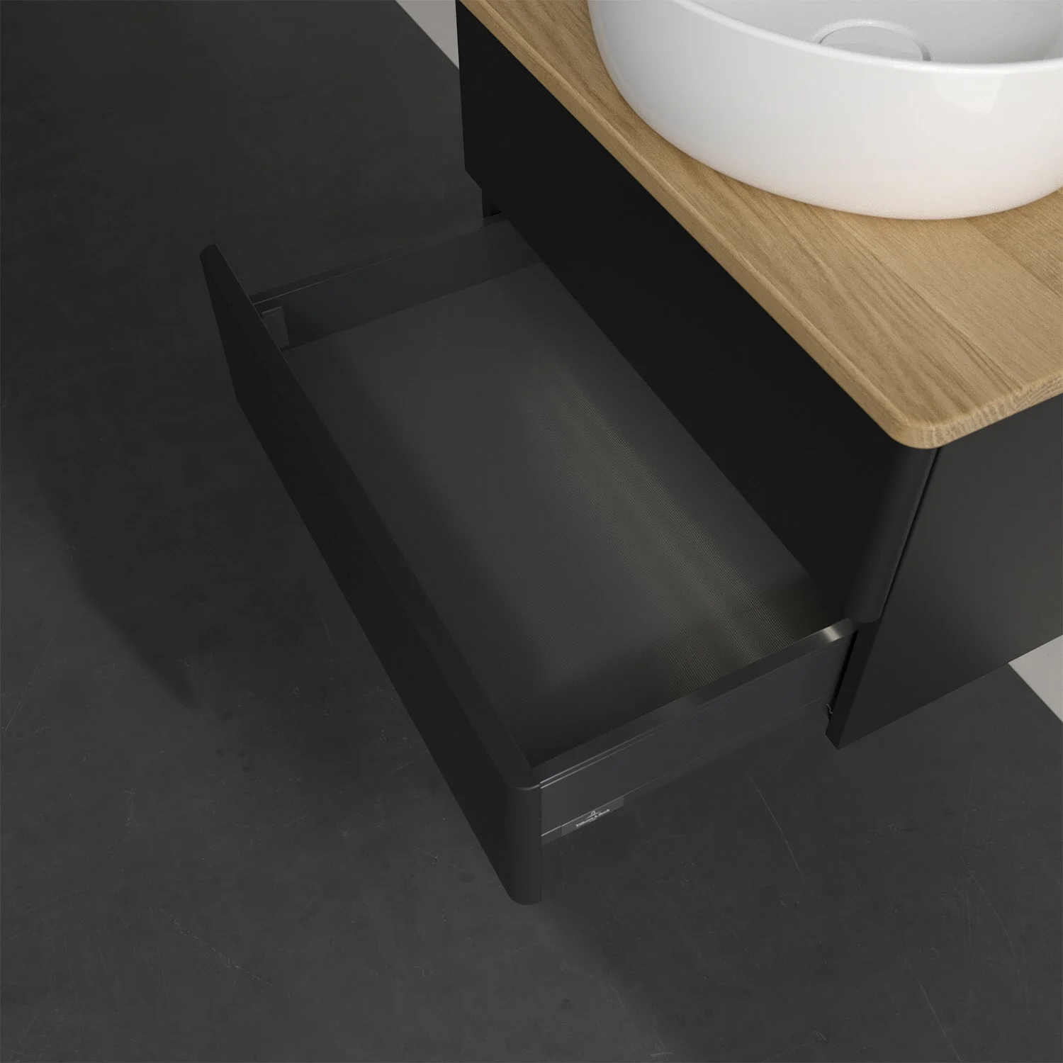 Otwarta szuflada z czarną szafką i umywalką, Villeroy & Boch