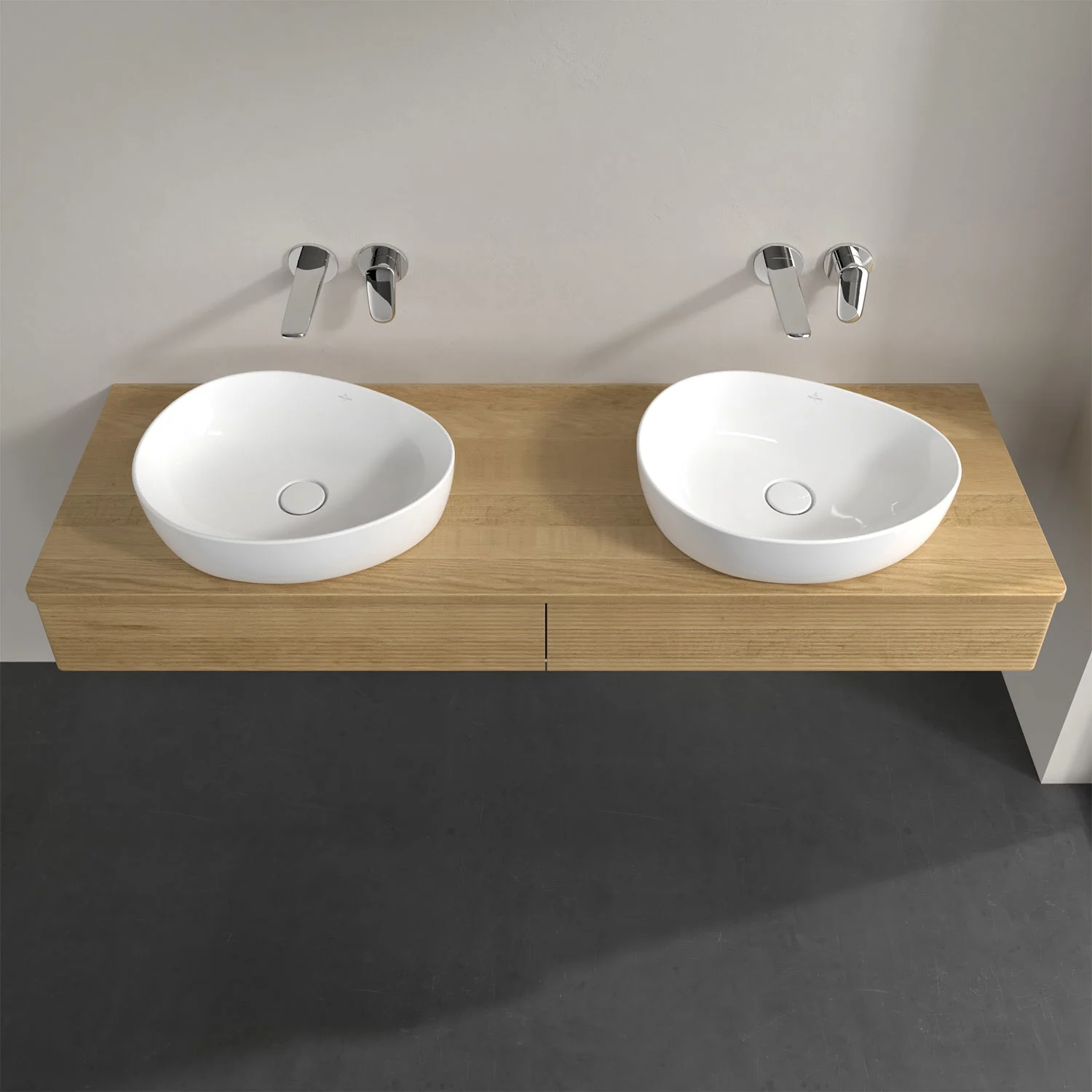 Podwójna umywalka na drewnianym blacie w łazience, Villeroy & Boch