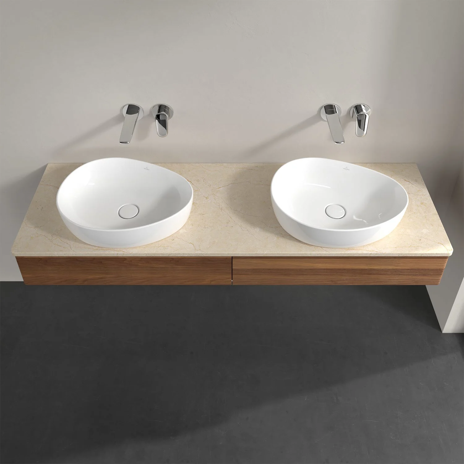 Podwójna umywalka z ciemną drewnianą szafką z góry, Villeroy & Boch