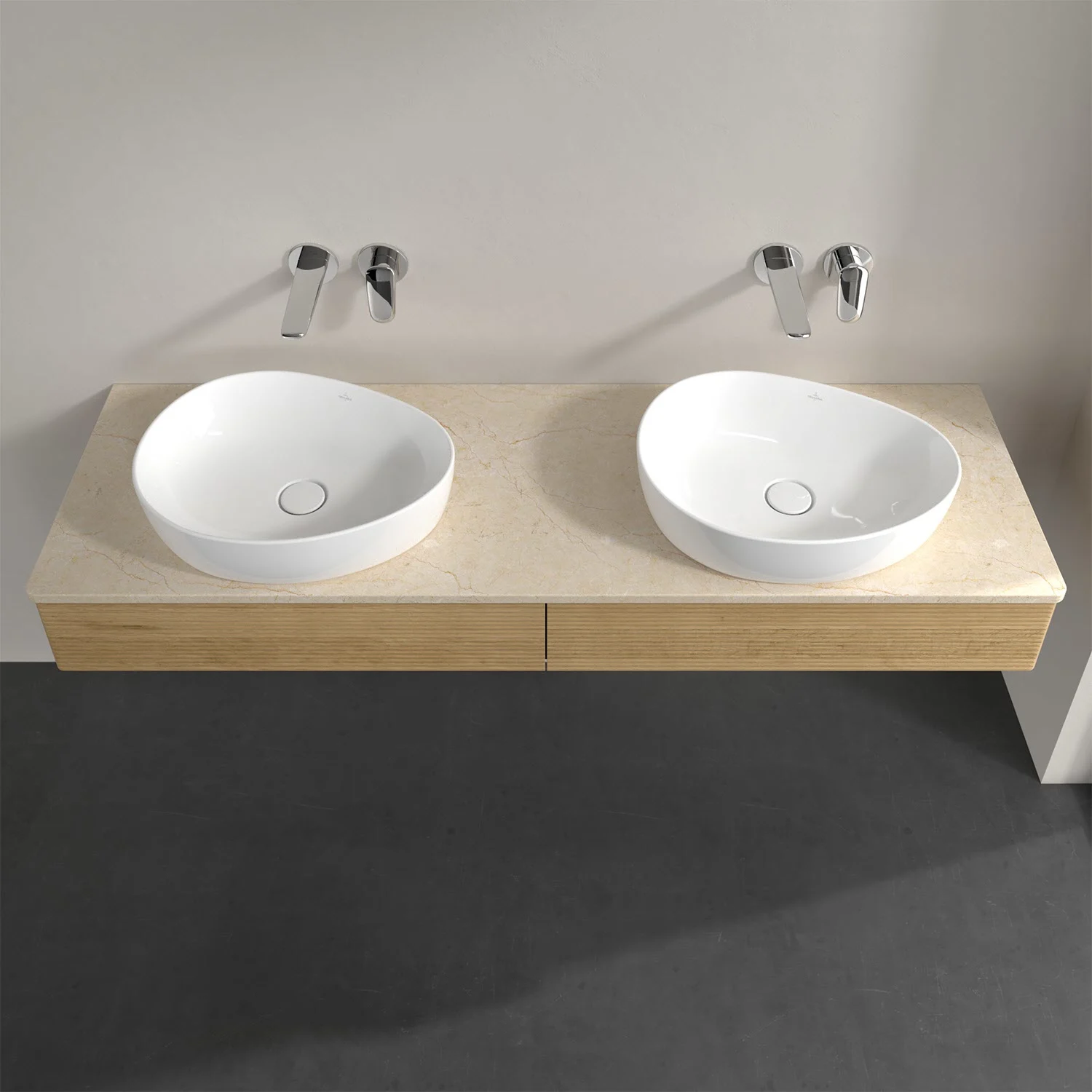 Podwójna umywalka z drewnianą szafką z góry, Villeroy & Boch