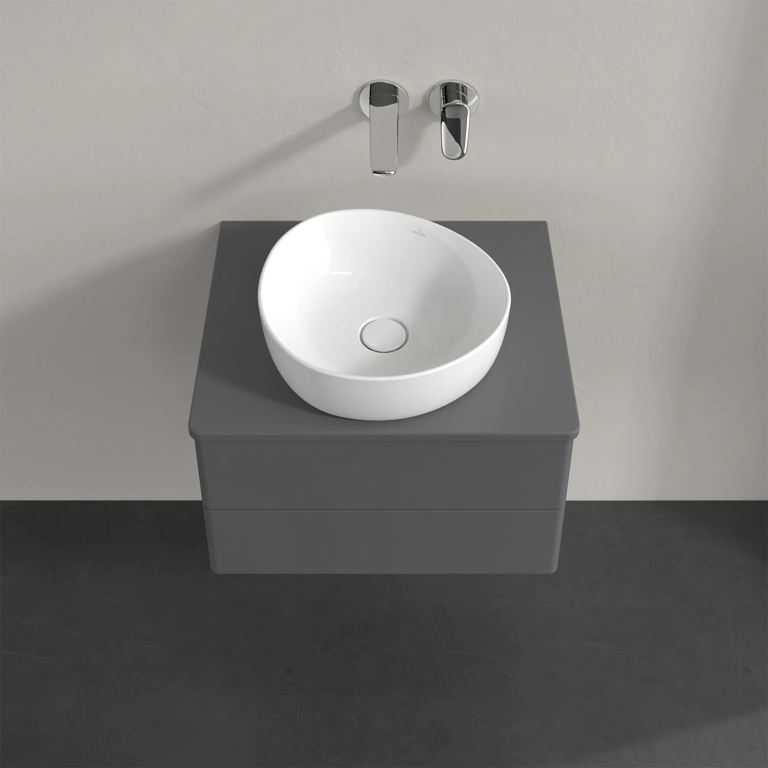Szara umywalka z baterią ścienną z góry, Villeroy & Boch