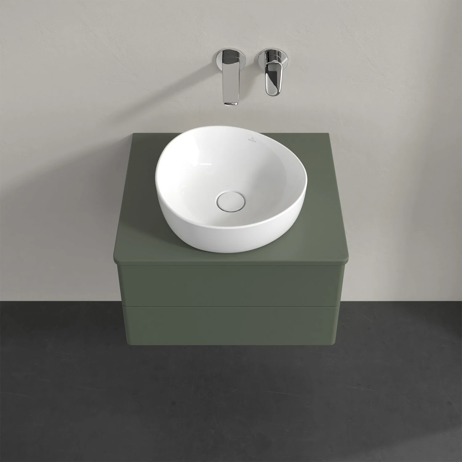 Umywalka na zielonej szafce widziana z góry, Villeroy & Boch