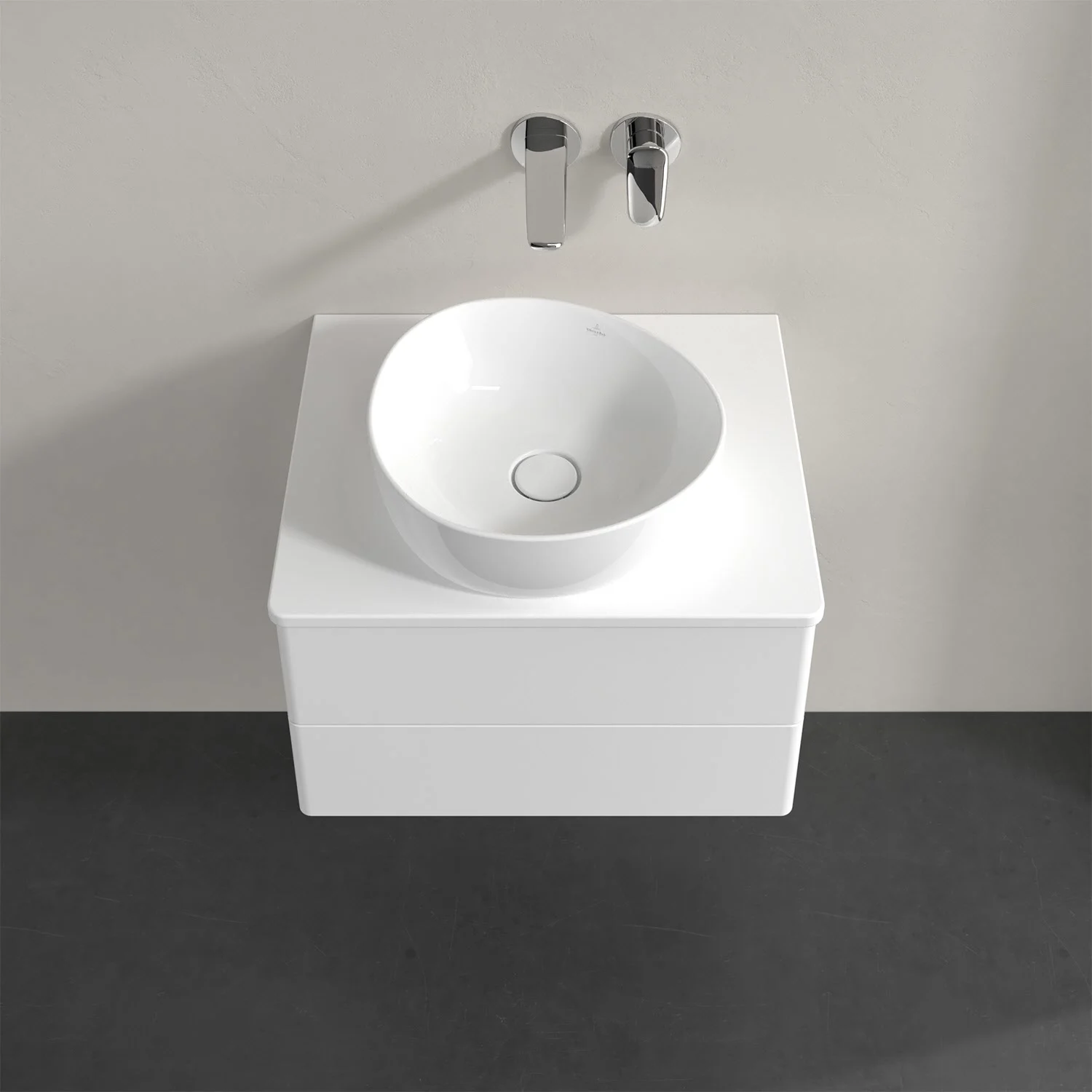 Umywalka na białej szafce widziana z góry, Villeroy & Boch