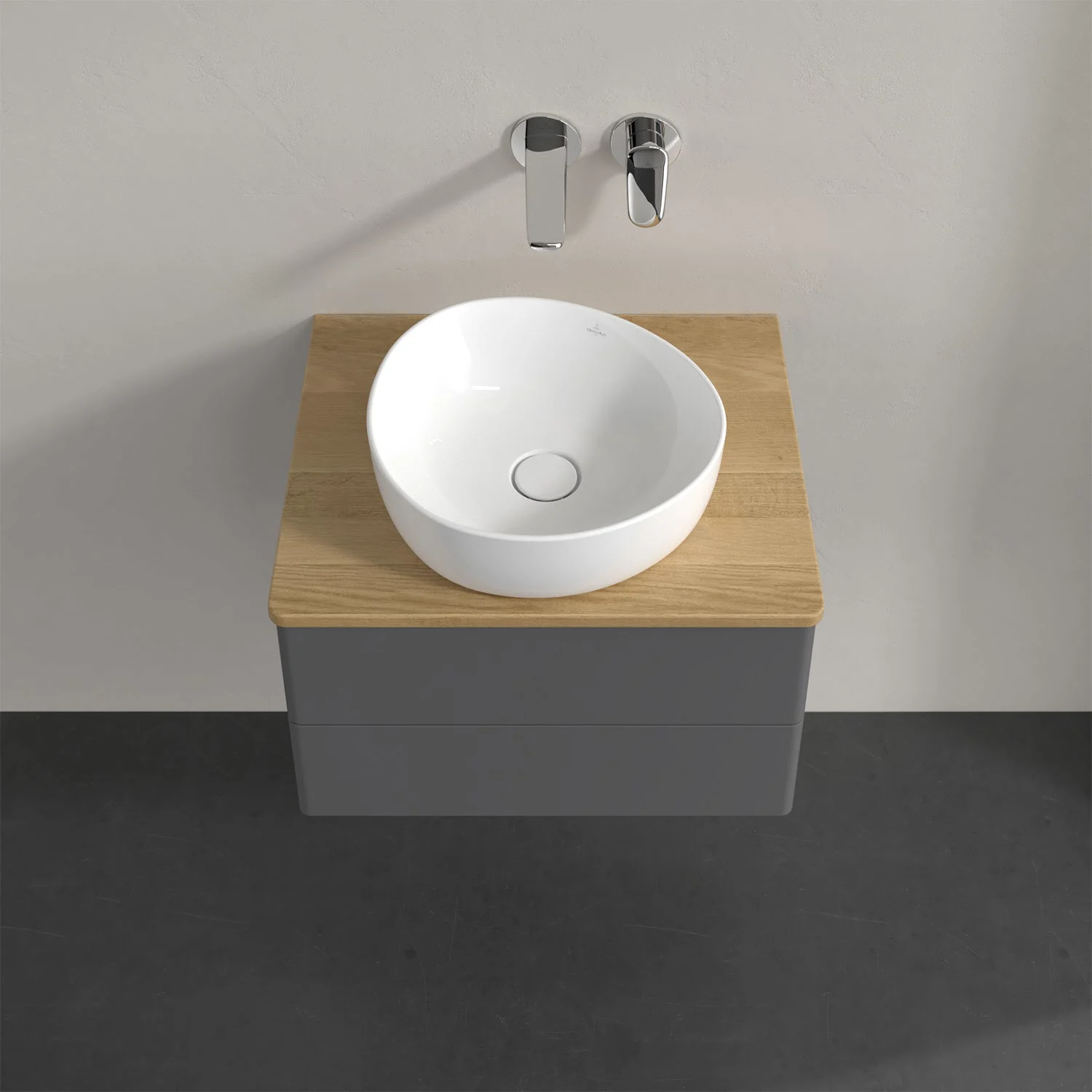 Umywalka na drewnianym blacie z baterią ścienną, Villeroy & Boch