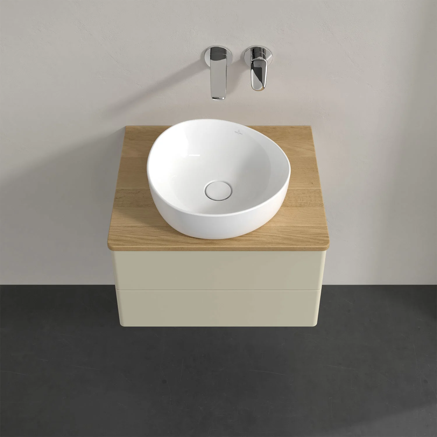 Umywalka na drewnianym blacie z baterią ścienną, Villeroy & Boch