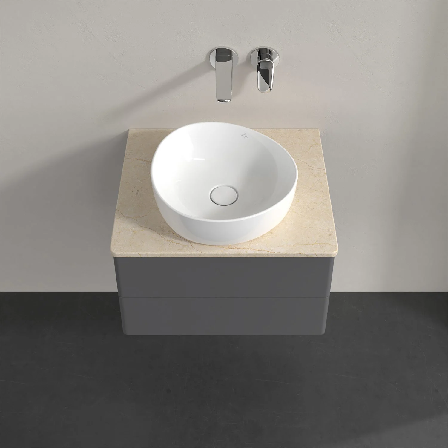 Umywalka na szarej szafce widziana z góry, Villeroy & Boch