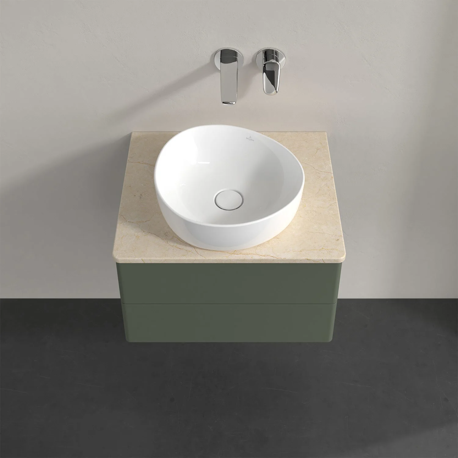 Umywalka na zielonej szafce z góry, Villeroy & Boch