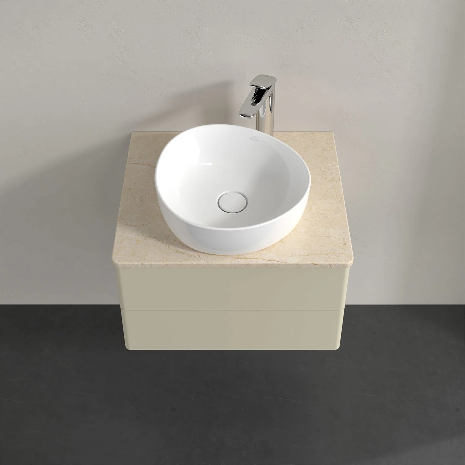 Beżowa toaletka z okrągłą umywalką z góry, Villeroy & Boch