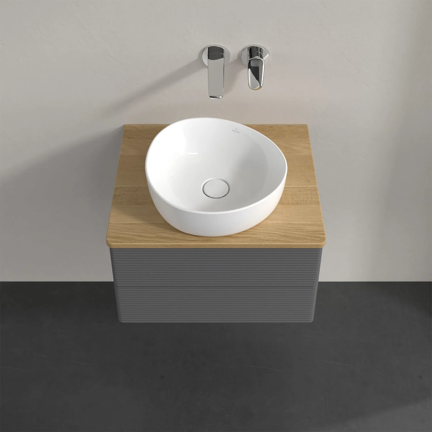 Umywalka na szarej drewnianej szafce z góry, Villeroy & Boch