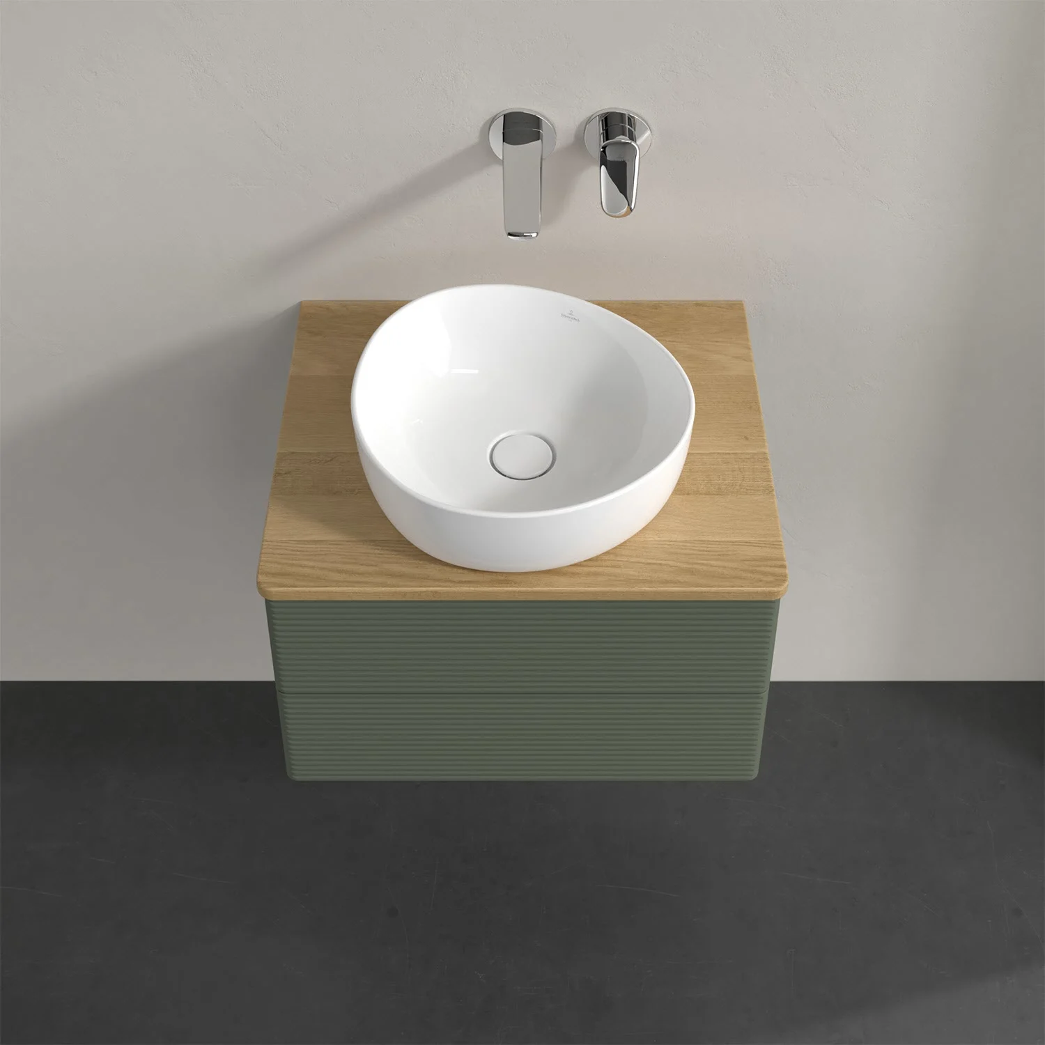 Umywalka na zielonej szafce w łazience, Villeroy & Boch