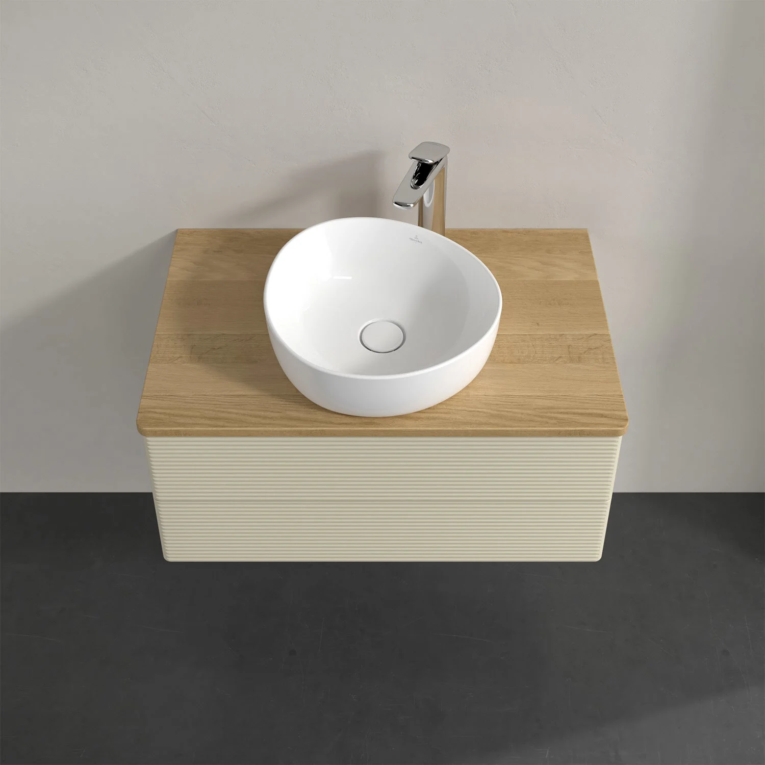Umywalka z drewnianym blatem i beżową szafką, Villeroy & Boch