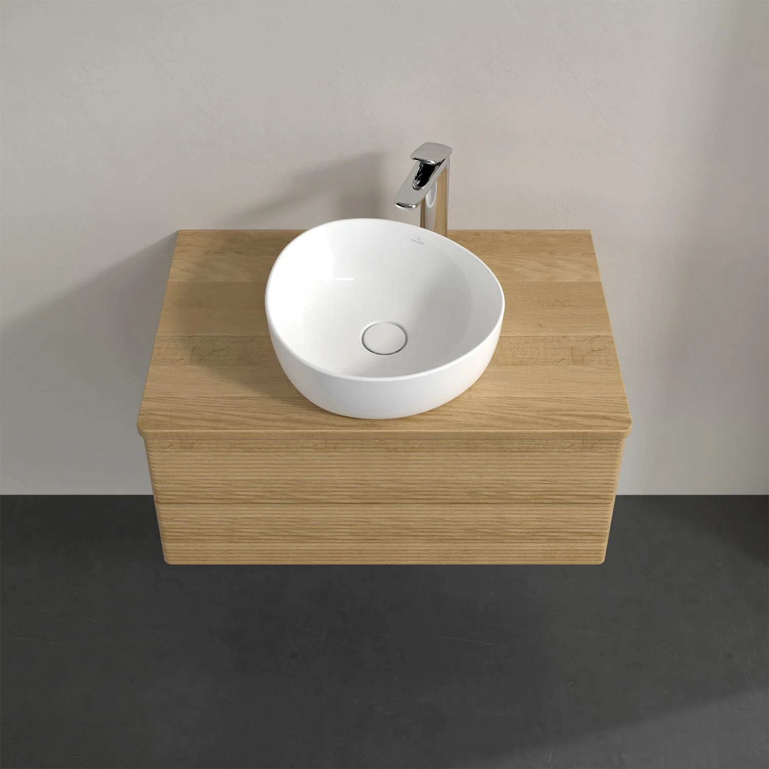 Umywalka na drewnianym blacie z góry, Villeroy & Boch