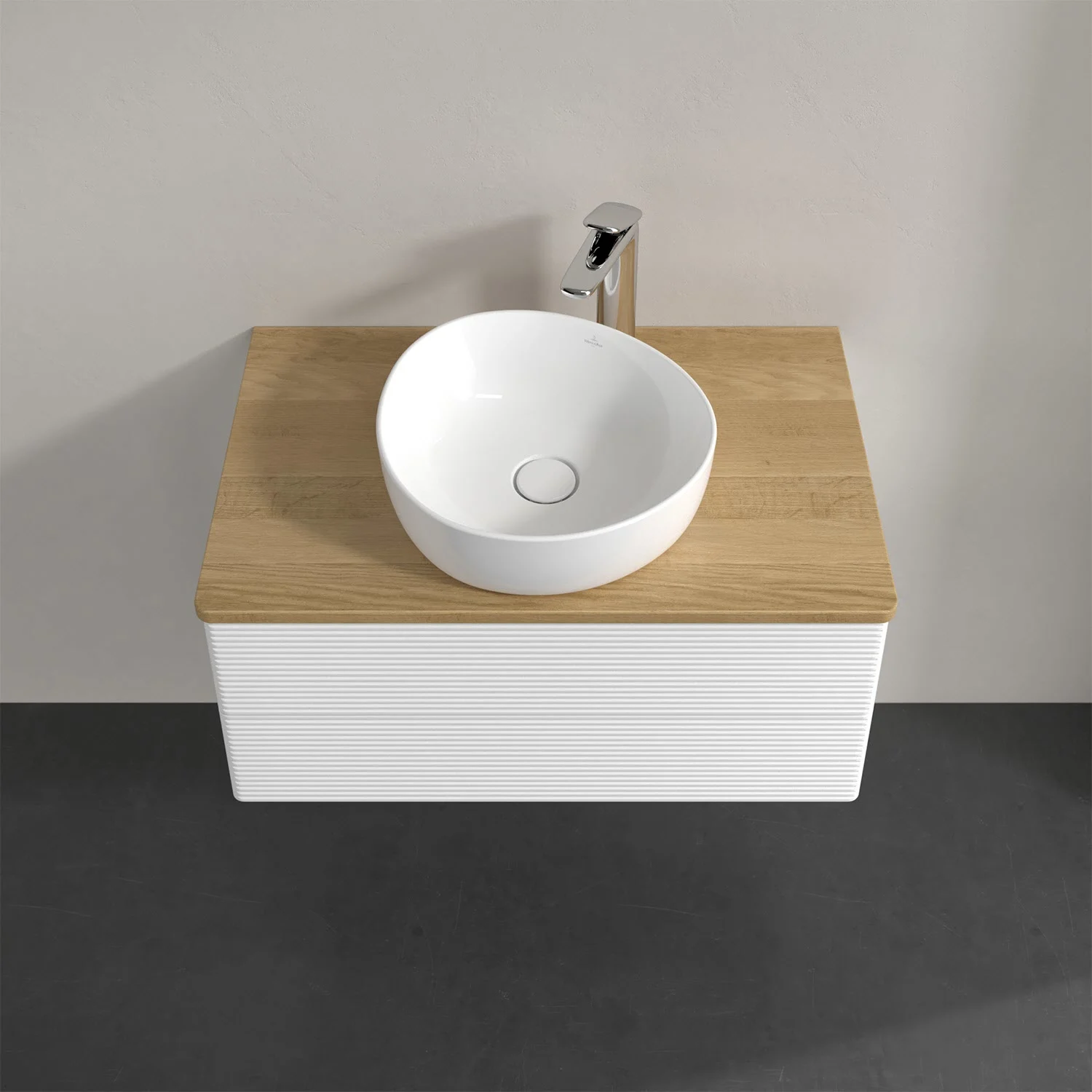 Umywalka na drewnianym blacie z góry, Villeroy & Boch