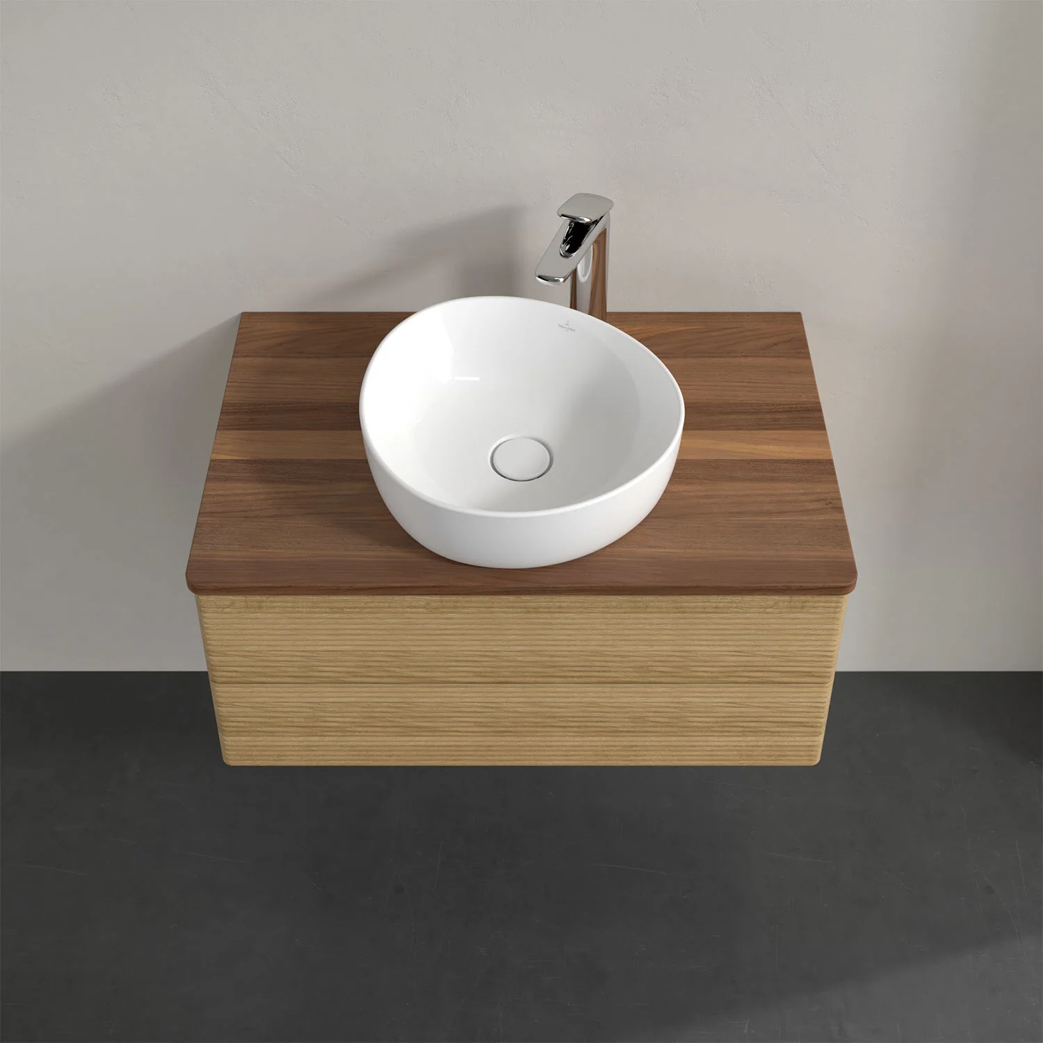 Umywalka z okrągłą umywalką i drewnianą powierzchnią, Villeroy & Boch