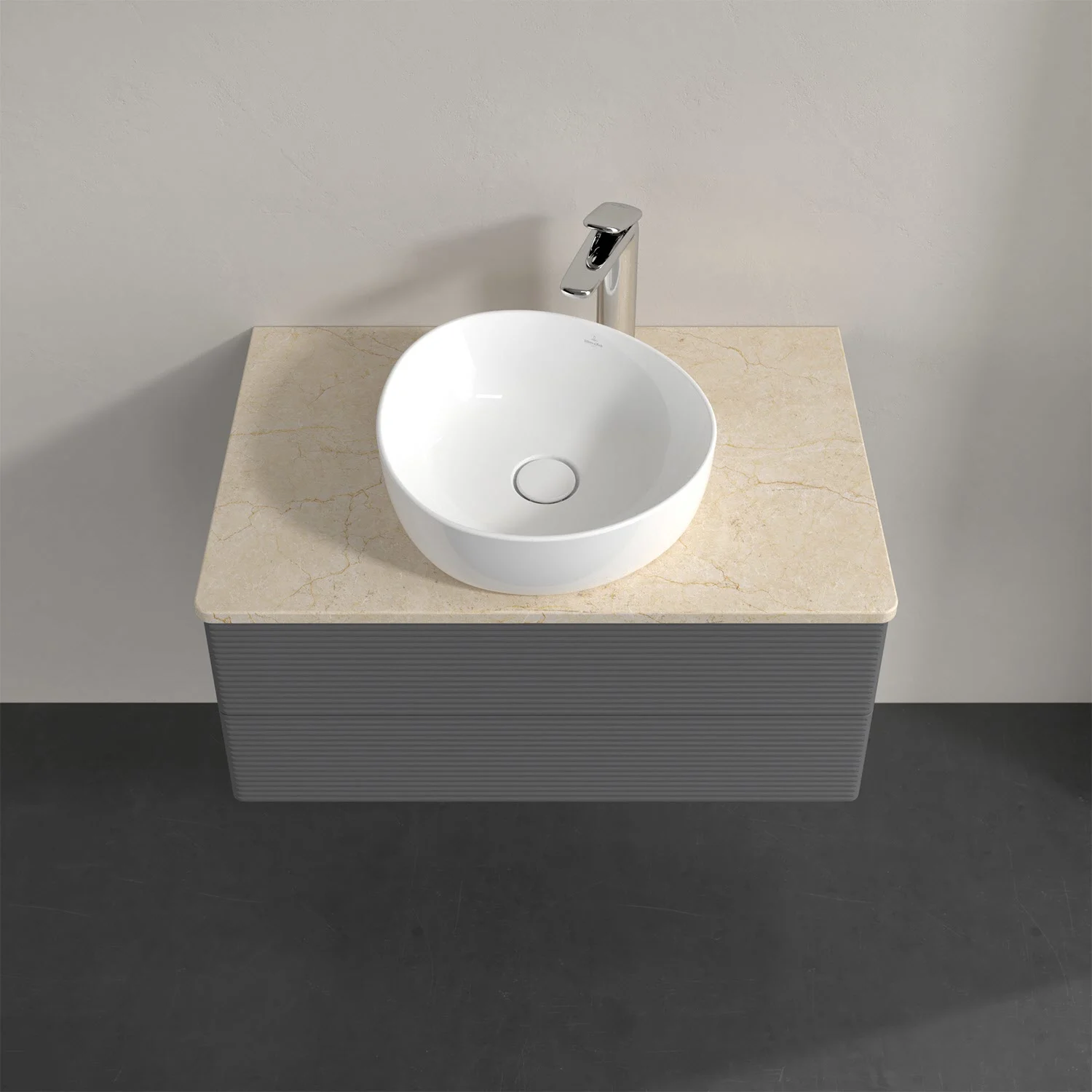 Szara szafka umywalkowa z okrągłą umywalką z góry, Villeroy & Boch