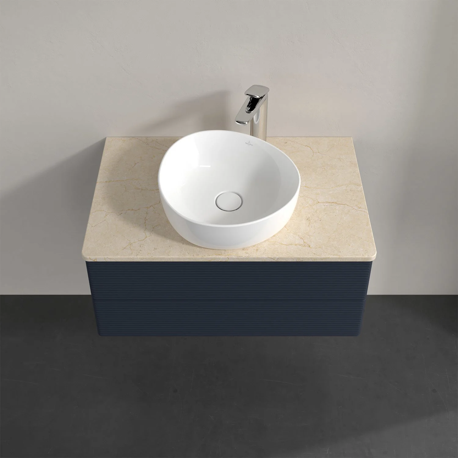 Niebieska szafka umywalkowa z okrągłą umywalką z góry, Villeroy & Boch