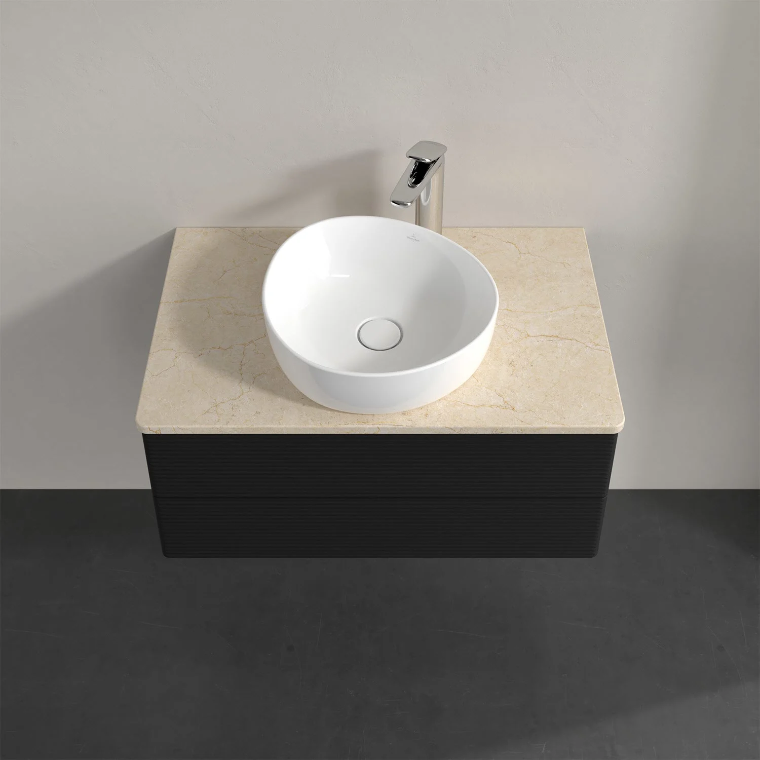 Beżowa umywalka na czarnej toaletce z góry, Villeroy & Boch