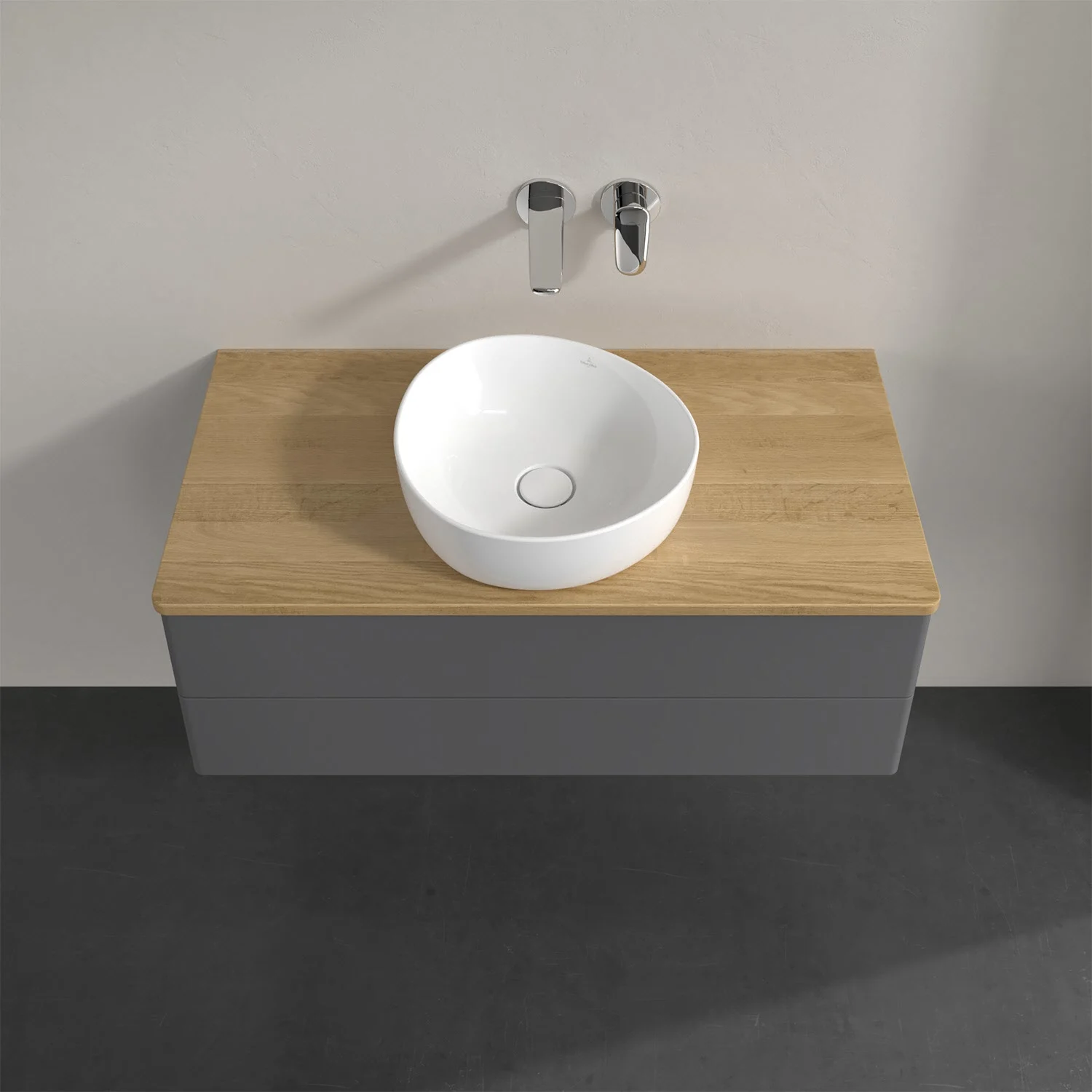 Umywalka z drewnianym blatem i białą umywalką, Villeroy & Boch
