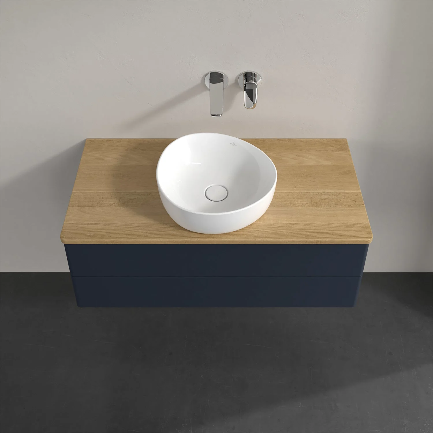 Umywalka z drewnianym blatem i białą umywalką, Villeroy & Boch