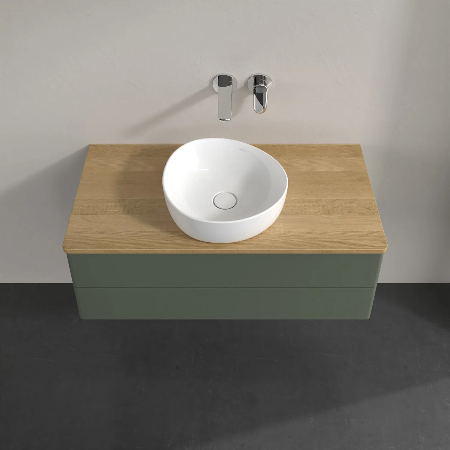 Umywalka z drewnianą powierzchnią i białą umywalką, Villeroy & Boch
