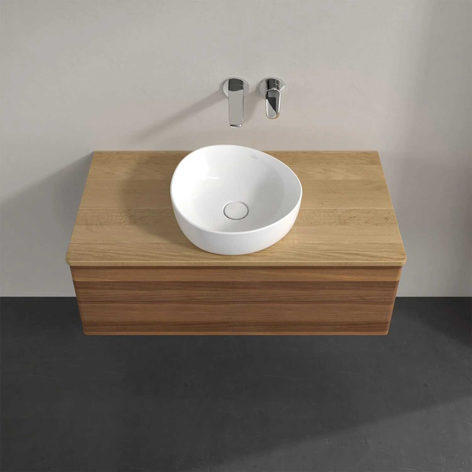 Umywalka z drewnianą powierzchnią i białą umywalką, Villeroy & Boch