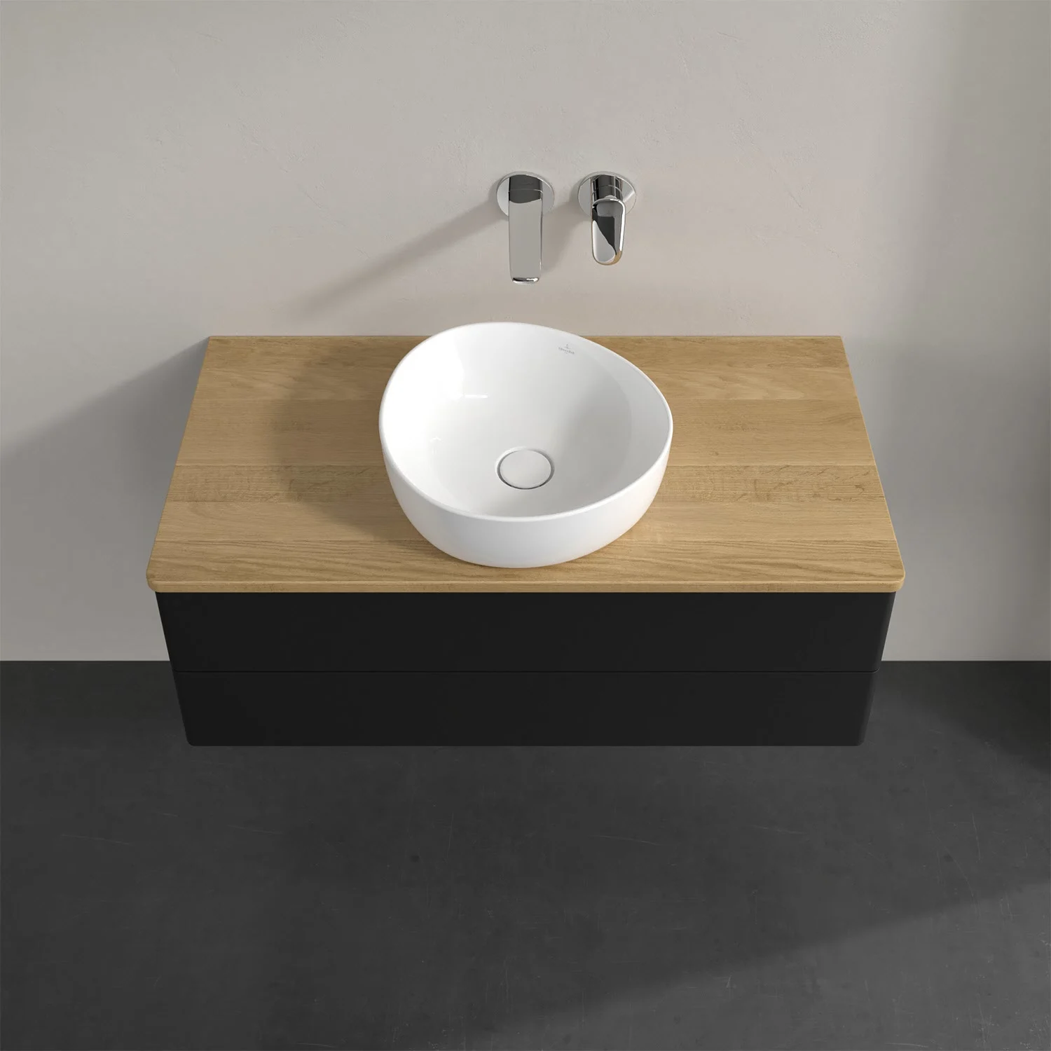 Umywalka z drewnianym blatem i białą umywalką, Villeroy & Boch