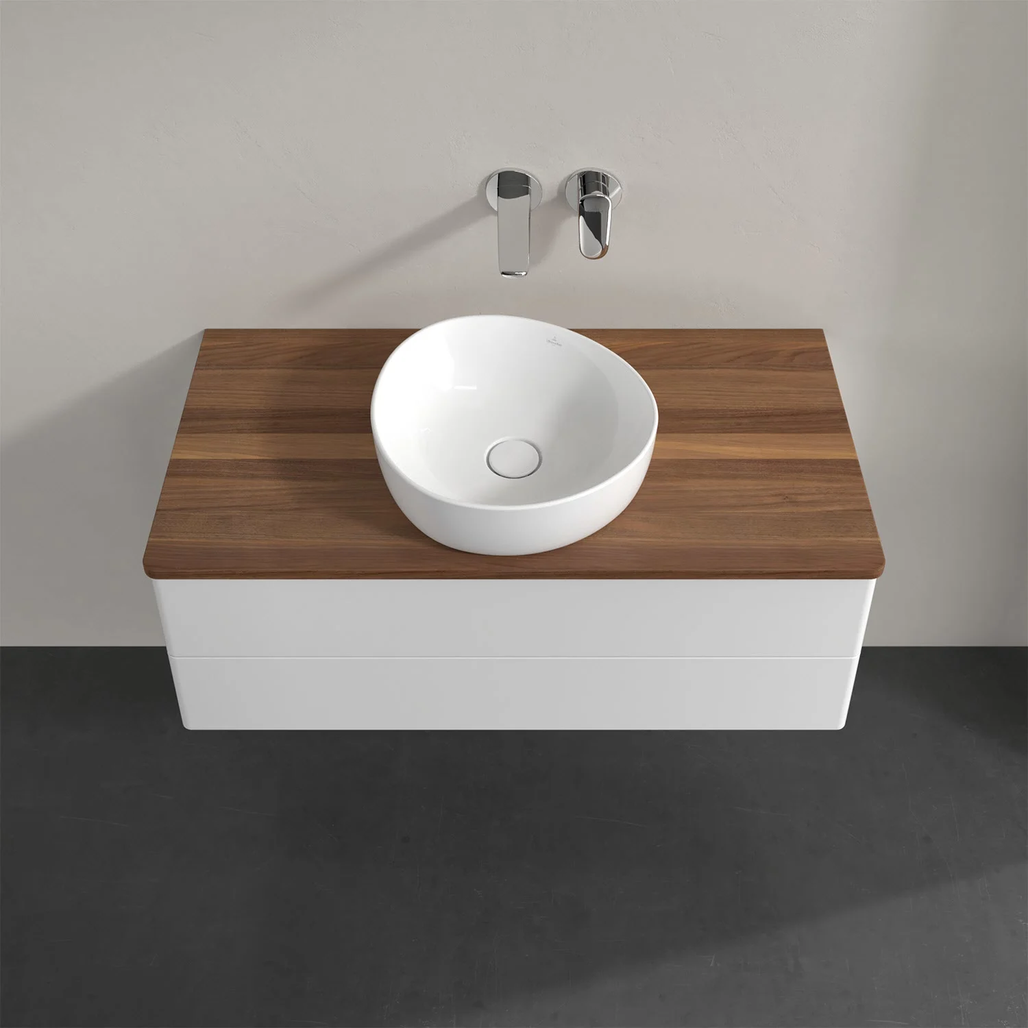 Umywalka z drewnianym blatem i białą umywalką, Villeroy & Boch