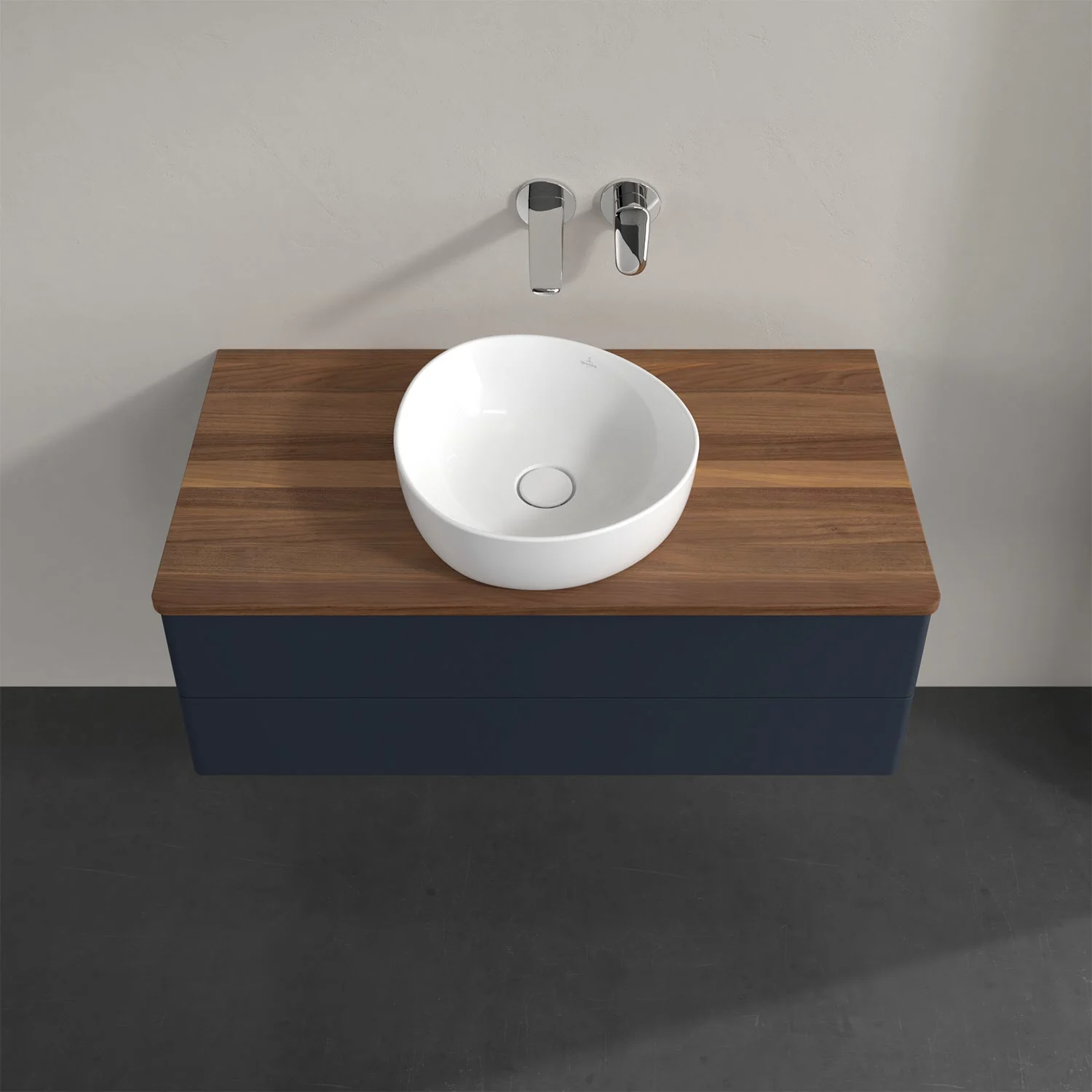 Umywalka z drewnianym blatem i białą umywalką, Villeroy & Boch