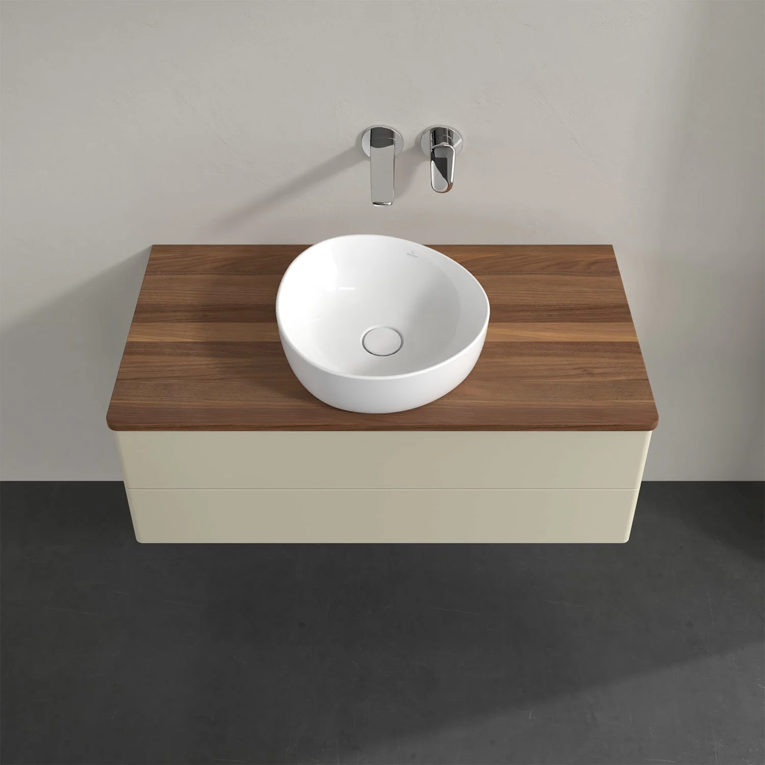 Umywalka z drewnianym blatem i białą umywalką, Villeroy & Boch