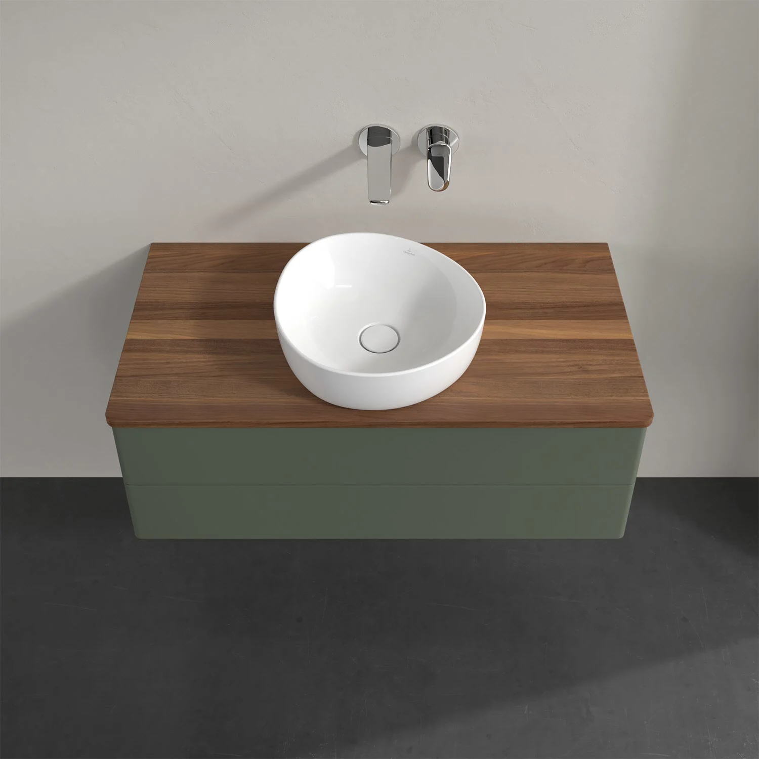 Umywalka z drewnianym blatem i białą umywalką, Villeroy & Boch