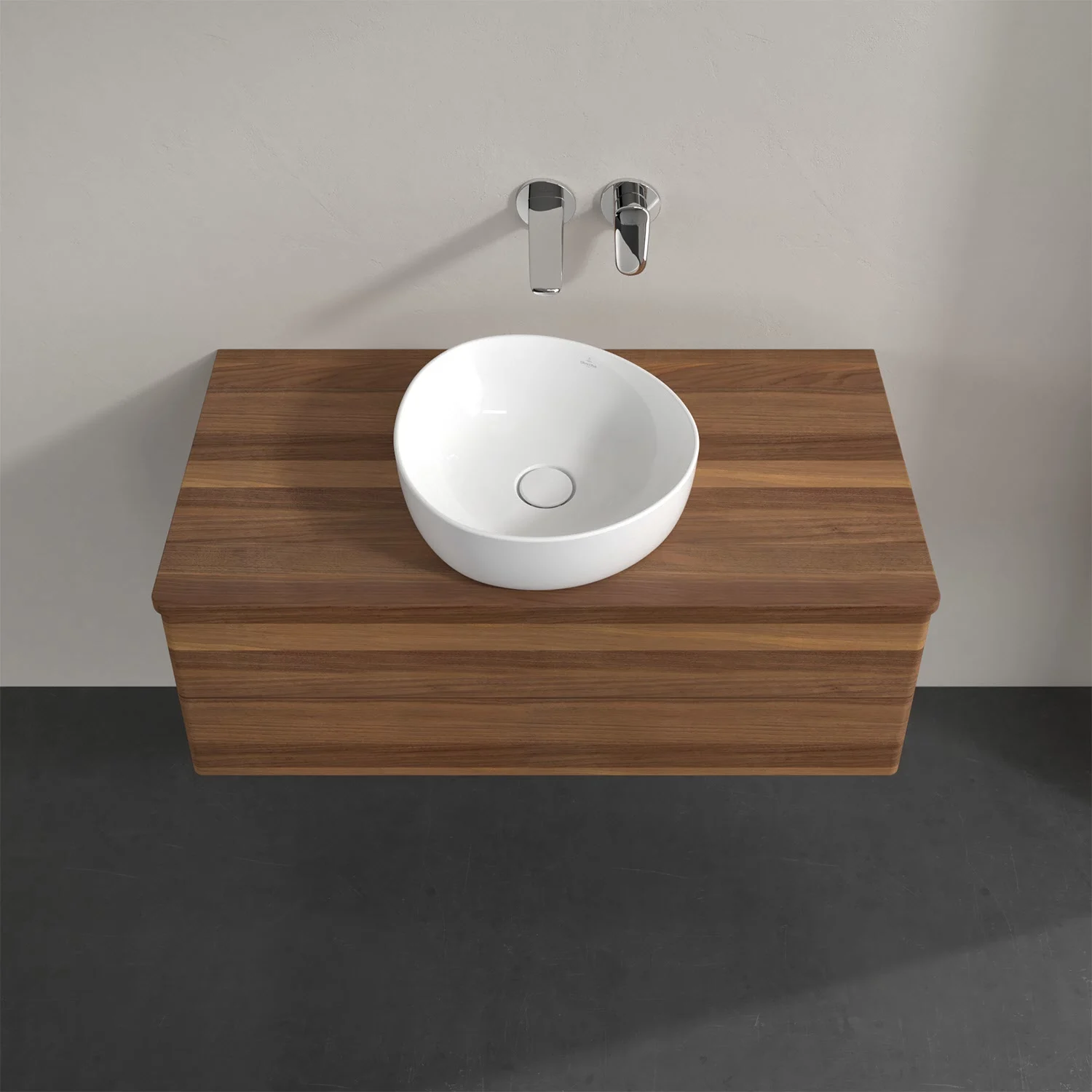 Umywalka z drewnianym blatem i białą umywalką, Villeroy & Boch