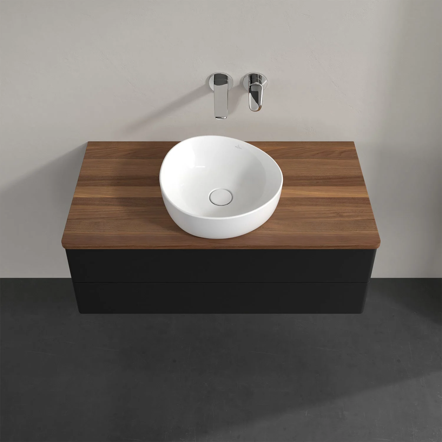 Umywalka z drewnianym blatem i białą umywalką, Villeroy & Boch