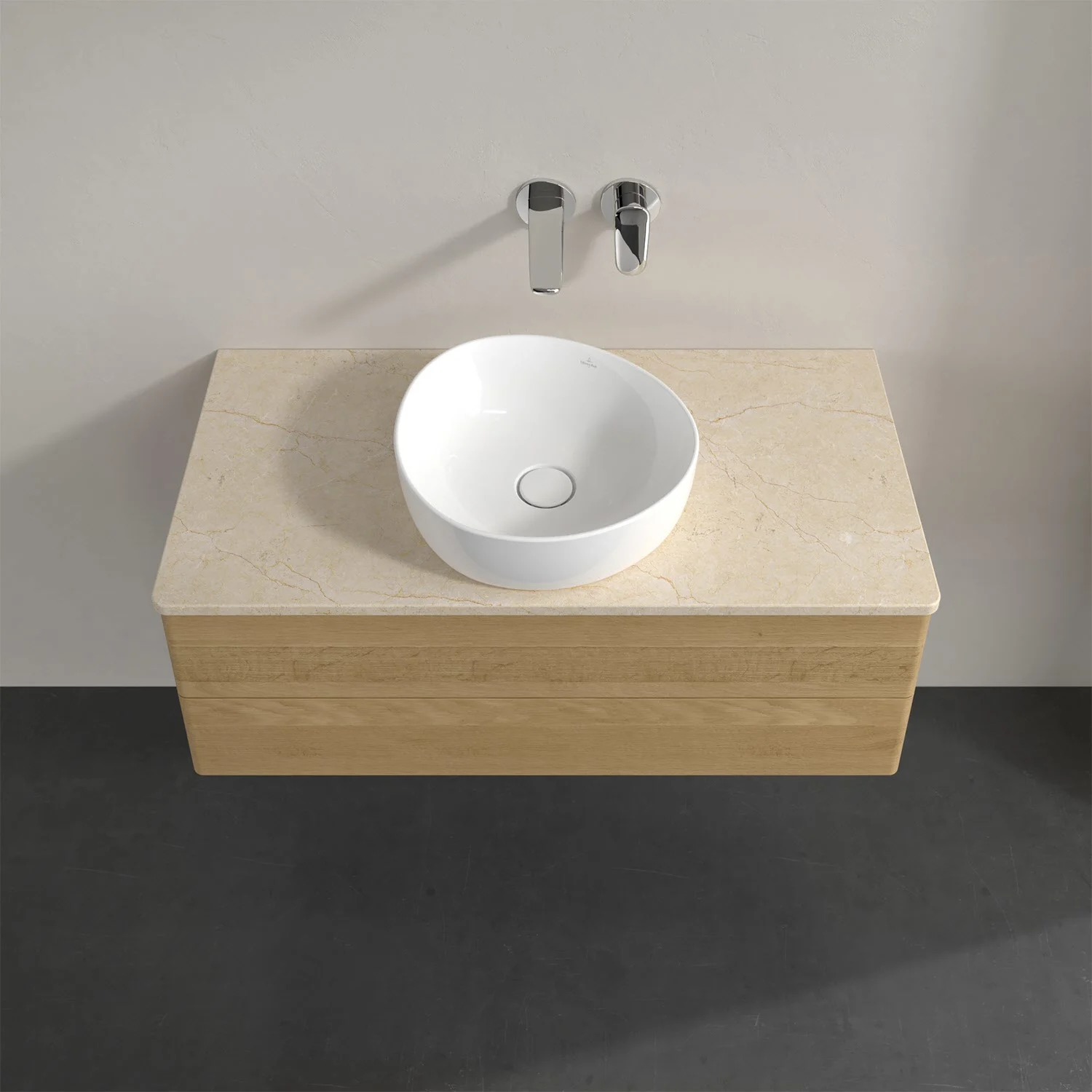 Umywalka z drewnianą powierzchnią i białą umywalką, Villeroy & Boch