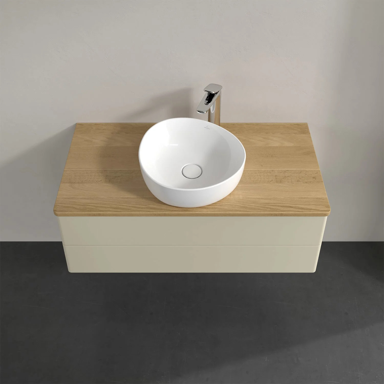Umywalka z białą umywalką i drewnianym blatem, Villeroy & Boch