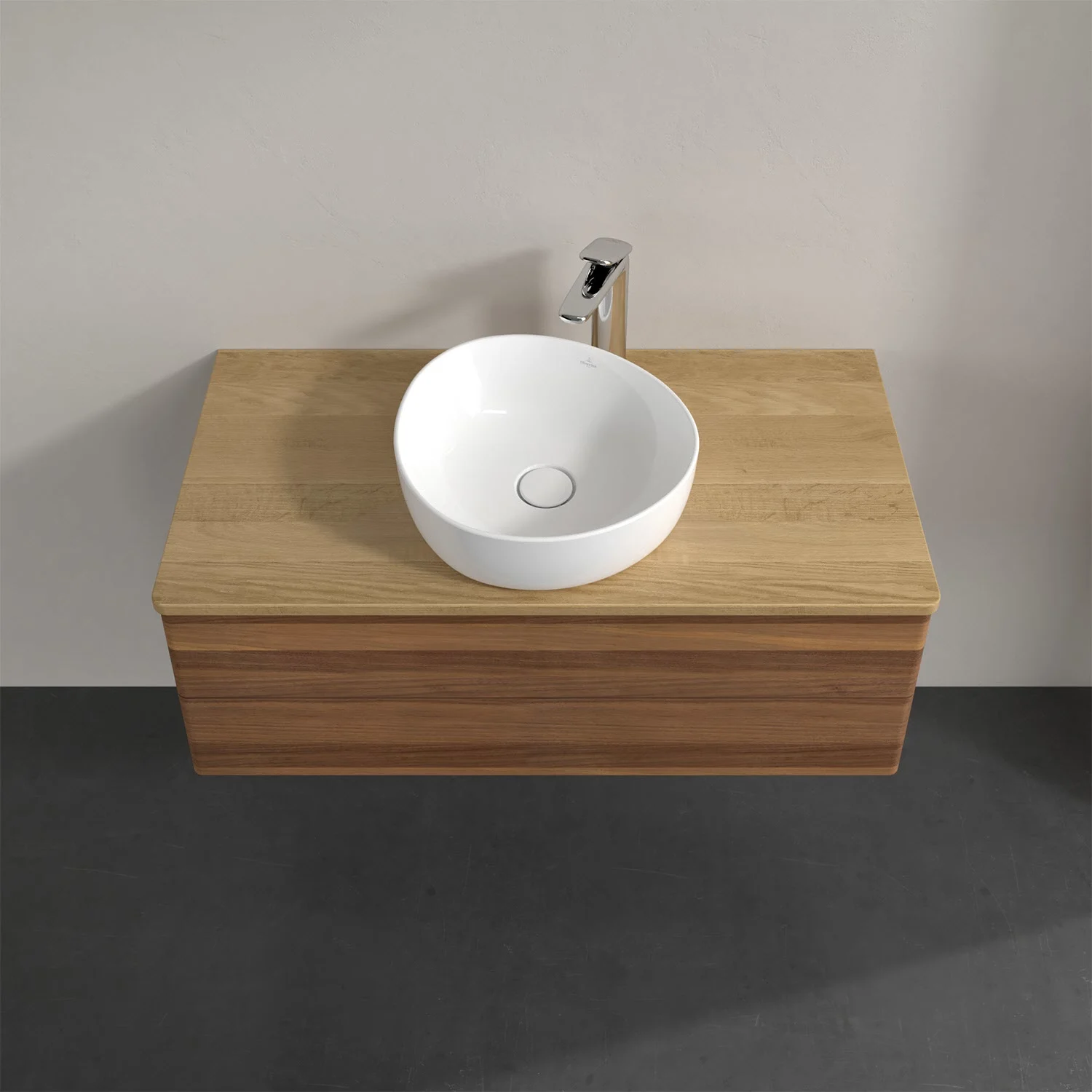 Umywalka z drewnianą powierzchnią i białą umywalką, Villeroy & Boch
