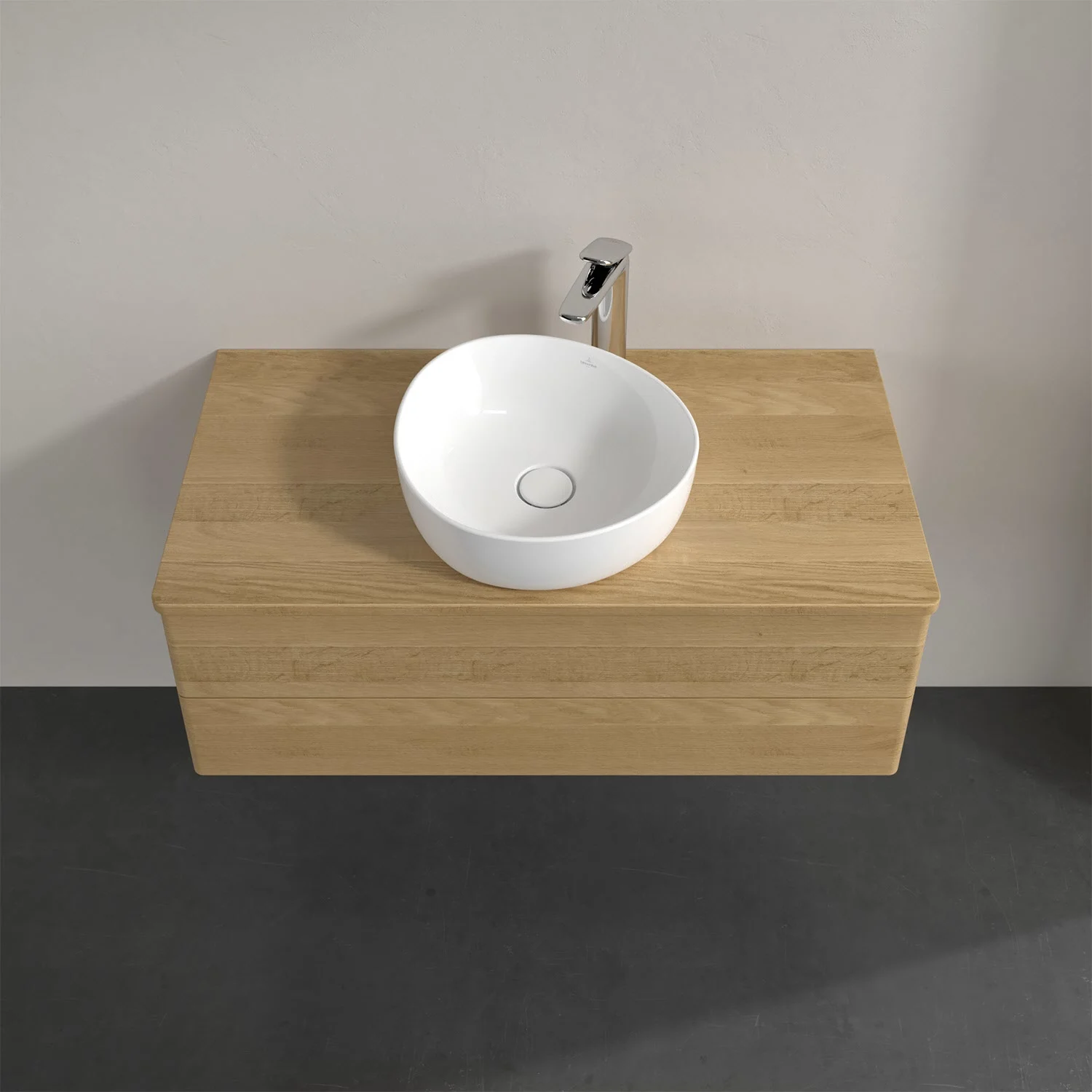Umywalka z drewnianą powierzchnią i białą umywalką, Villeroy & Boch